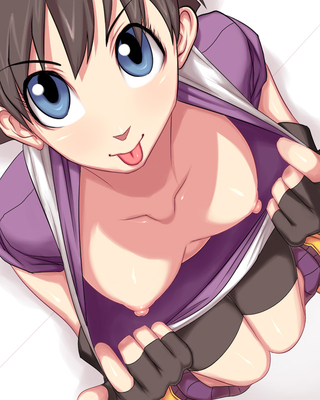 sawao, videl, dragon ball, dragonball z, 1girl, :p, bike shorts, blue eyes, breasts, brown hair, clothes pull, downblouse, female focus, from above, looking at viewer, looking up, medium breasts, nipples, shirt pull, short hair, solo, tongue, tongue out