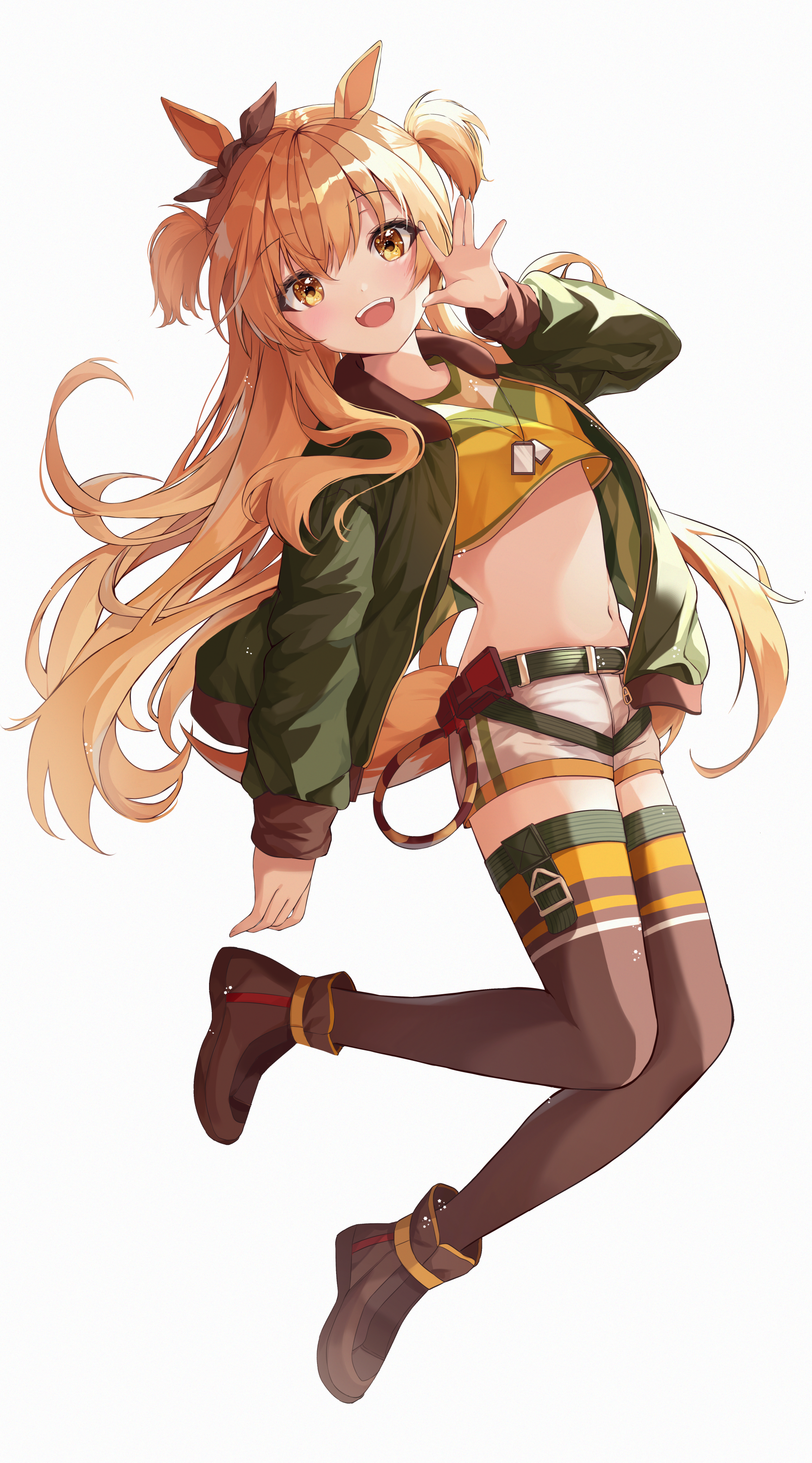 nanna (heyj2888), mayano top gun (umamusume), umamusume, absurdres, commentary, highres, 1girl, :d, animal ears, bow, brown shoes, brown thighhighs, cropped shirt, dog tags, ear ribbon, full body, green jacket, horse ears, horse girl, horse tail, jacket, long hair, looking at viewer, mayano top gun (scramble zone) (umamusume), navel, open mouth, orange hair, shoes, shorts, simple background, smile, solo, stomach, tail, teeth, thighhighs, two side up, upper teeth only, white background, white shorts