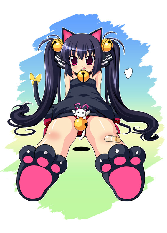 kooh (pangya), animal ears, bell, cat ears, cat tail, flat chest, loli, long hair, panties, paw gloves, tail, underwear
