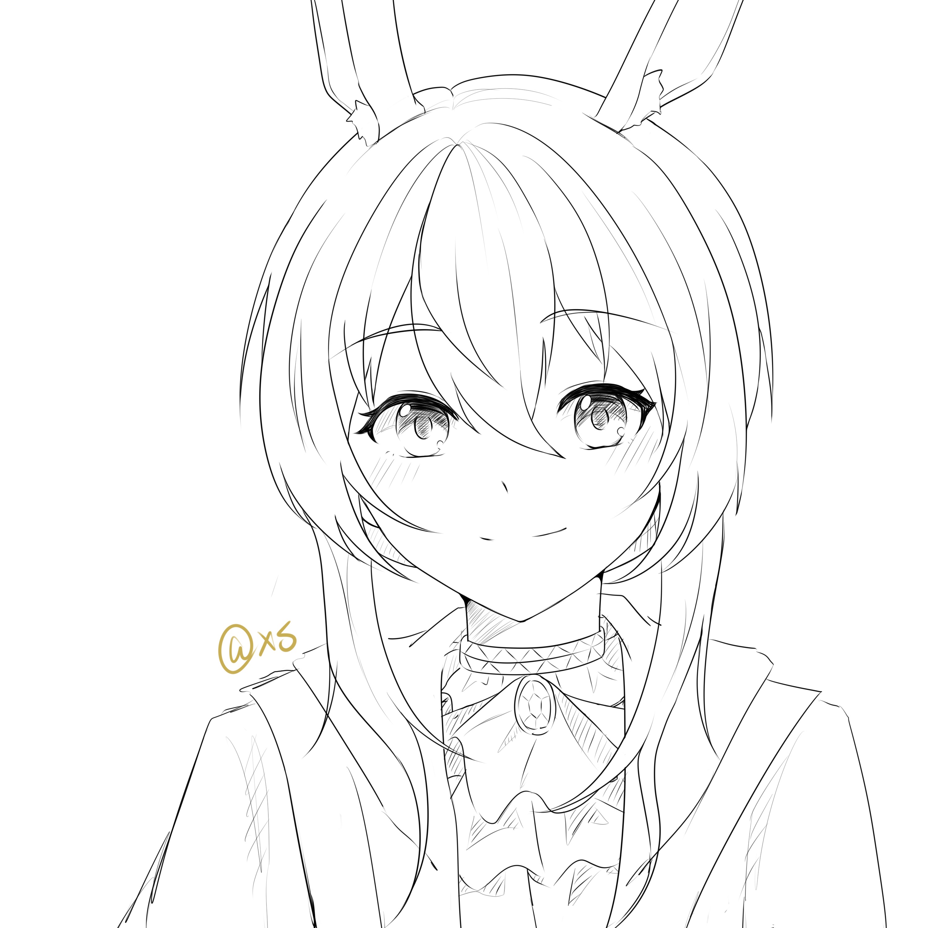 amiya (arknights), arknights, absurdres, chinese commentary, commentary request, highres, unfinished, 1girl, animal ears, ascot, blush, closed mouth, collar, gem, greyscale, hair between eyes, hatching (texture), linear hatching, medium hair, monochrome, portrait, qimingfeideziji, simple background, smile, solo, split mouth, white background