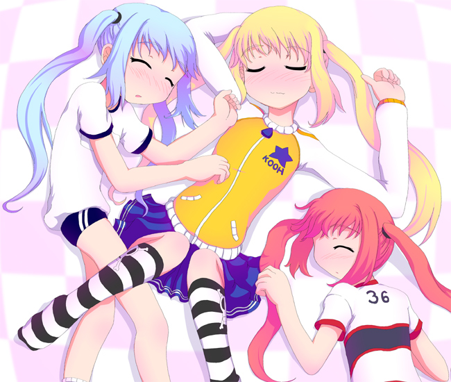 kooh (pangya), pangya, striped legwear, blush, flat chest, long hair, skirt, thighhighs, twintails