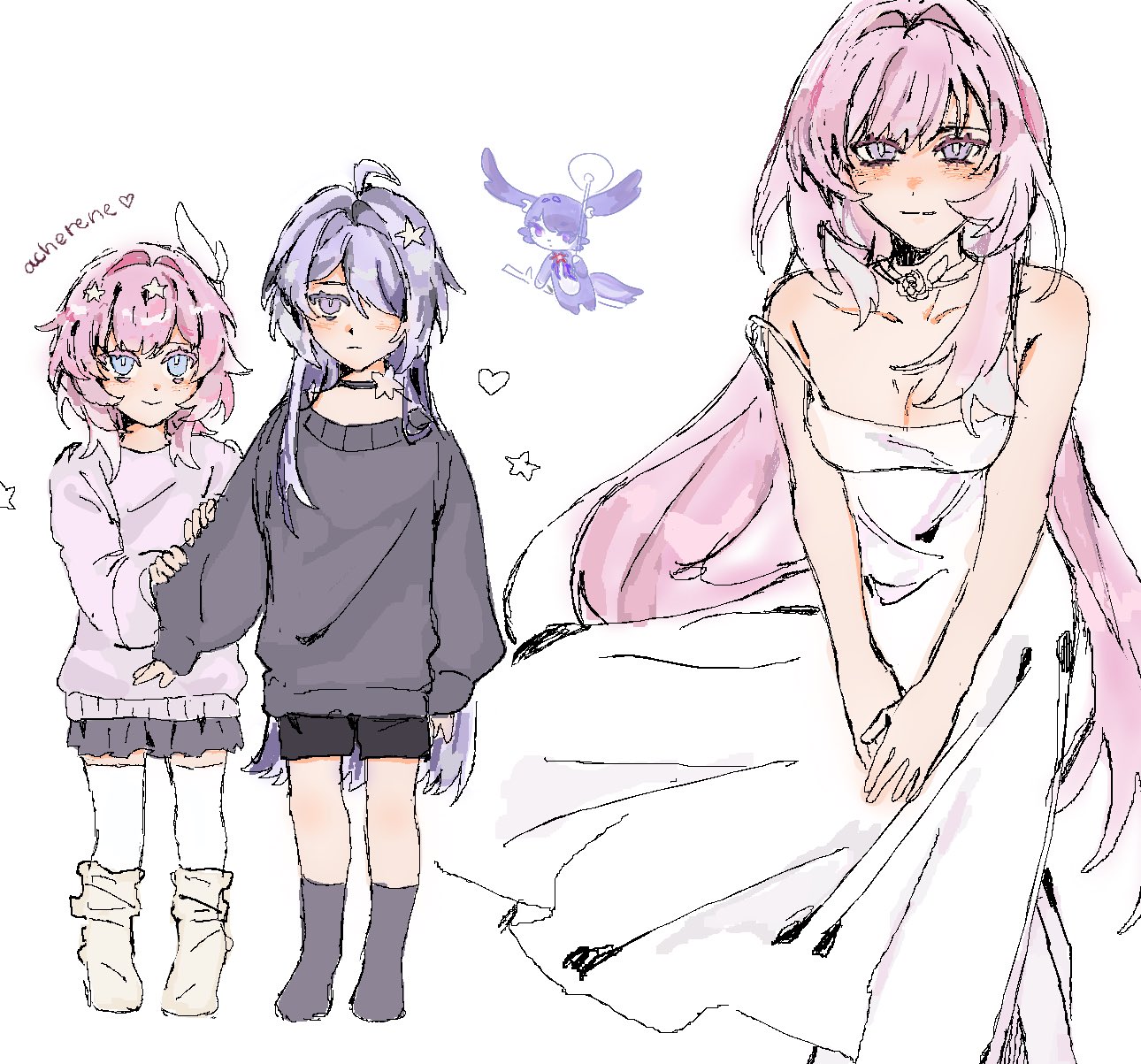 ctnplant, acheron (honkai: star rail), cyrene (honkai: star rail), mem (honkai: star rail), honkai: star rail, honkai (series), commentary, english commentary, highres, 2girls, aged down, bare shoulders, black shorts, black sweater, blue eyes, breasts, cleavage, dress, grey skirt, jewelry, large breasts, long hair, multicolored hair, multiple girls, necklace, pink hair, purple eyes, purple hair, shorts, simple background, skirt, smile, sweater, two-tone hair, very long hair, white background, white dress, white hair, white sweater