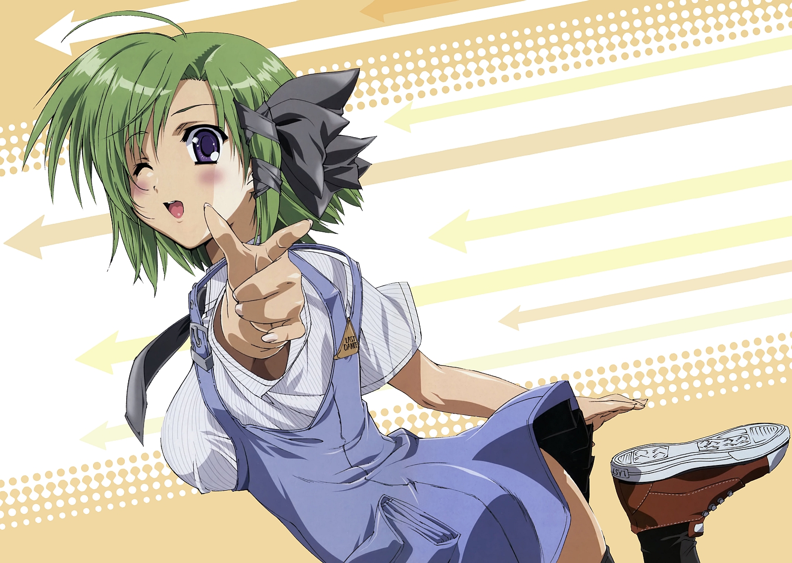 shigure asa, shuffle!, highres, official art, scan, 00s, blush, bow, breasts, green hair, short hair, skirt, thighhighs, wink