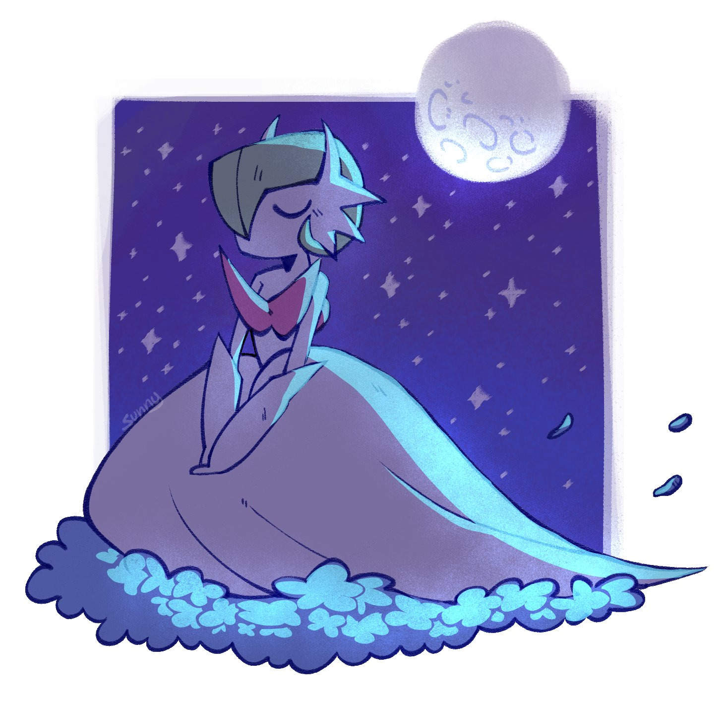 gardevoir, mega gardevoir, nintendo, pokemon, highres, bob cut, closed eyes, colored skin, dress, elbow gloves, full moon, gen 3 pokemon, gloves, green hair, hair over one eye, mega pokemon, moon, night, night sky, pokemon (creature), signature, sky, sunnydr0pp, white dress, white gloves, white skin