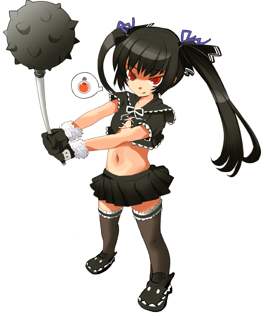 sasago kaze, kooh (pangya), pangya, 1girl, :q, black hair, black mittens, black thighhighs, blush, blush stickers, club, club (weapon), female focus, flat chest, frilled thighhighs, frills, loli, long hair, mace, mittens, navel, red eyes, skirt, smile, solo, spiked club, spiked mace, spikes, spoken object, thighhighs, tongue, tongue out, twintails, weapon, zettai ryouiki