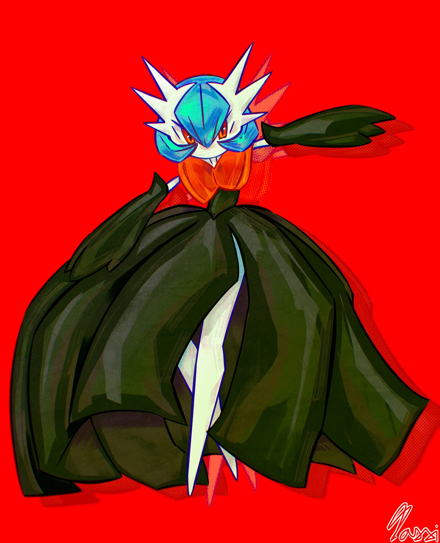 gardevoir, mega gardevoir, nintendo, pokemon, highres, alternate color, black dress, black gloves, blue hair, bob cut, colored skin, d4xxiix, dress, elbow gloves, gen 3 pokemon, gloves, mega pokemon, pokemon (creature), red background, red eyes, shiny pokemon, signature, simple background, white skin
