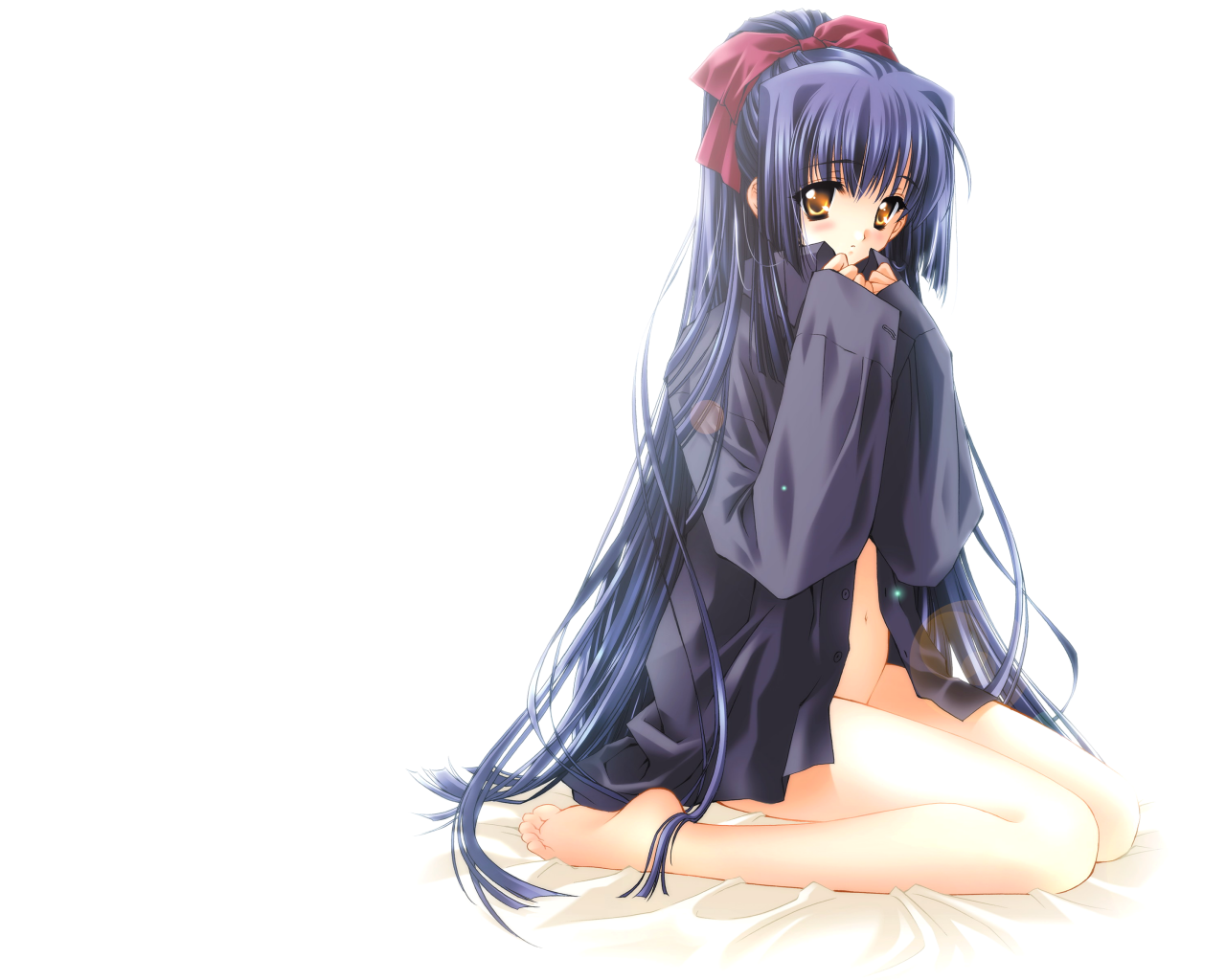 kao no nai tsuki, artist request, character request, 1girl, blush, bottomless, female focus, hair ribbon, lens flare, long hair, navel, no panties, open clothes, open shirt, orange eyes, ponytail, purple hair, ribbon, shirt, simple background, sitting, solo, very long hair, wariza, white background