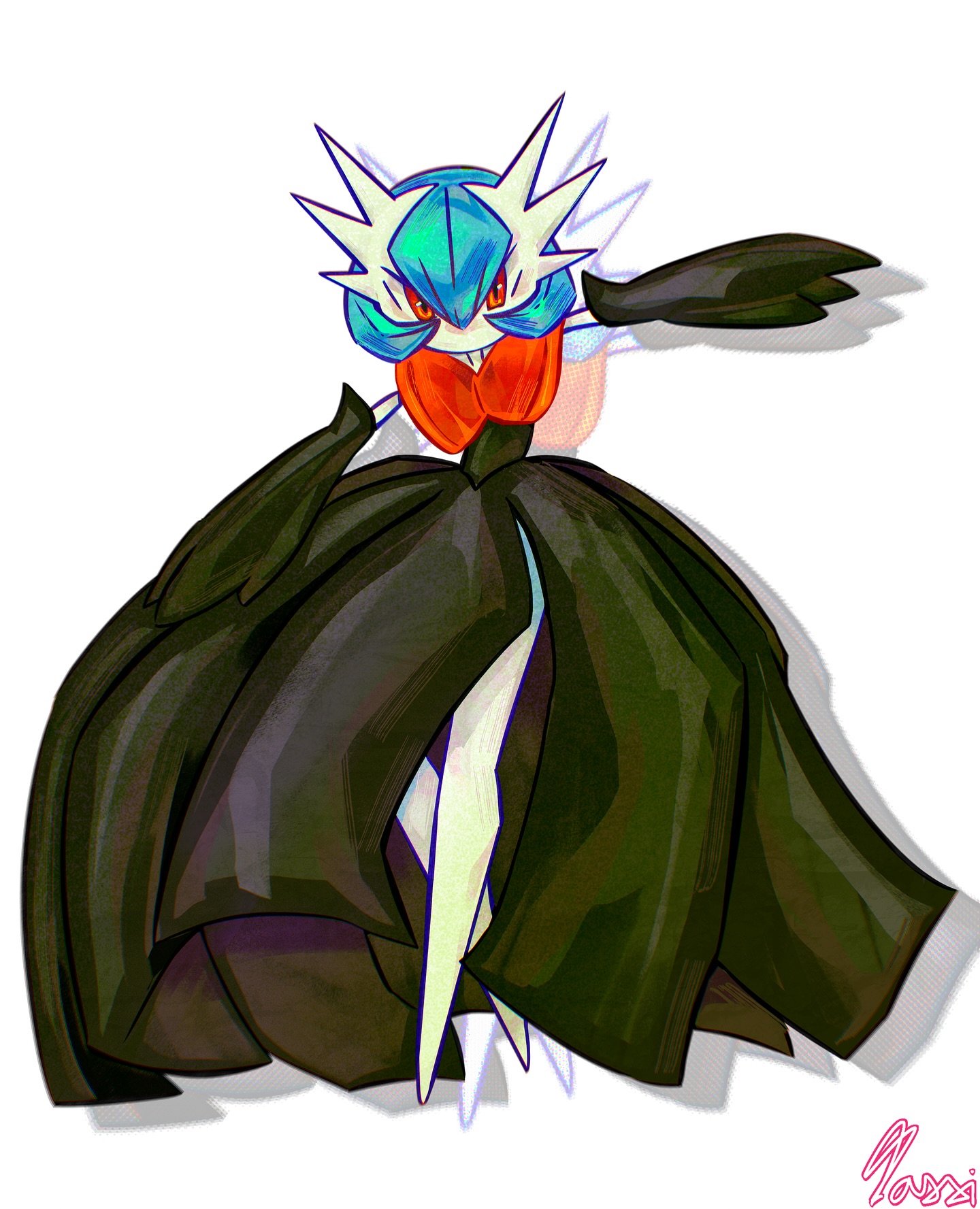 gardevoir, mega gardevoir, nintendo, pokemon, highres, alternate color, black dress, black gloves, blue hair, bob cut, colored skin, d4xxiix, dress, elbow gloves, gen 3 pokemon, gloves, mega pokemon, pokemon (creature), red eyes, shiny pokemon, signature, simple background, white background, white skin