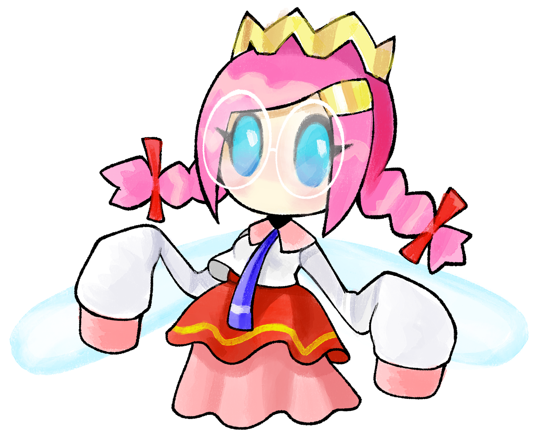 drawfag, ripple star queen, susie (kirby), kirby (series), nintendo, archived source, highres, 1girl, blue eyes, braid, cosplay, fairy, fairy wings, glasses, long hair, long skirt, low twin braids, pink hair, pink skirt, ripple star queen (cosplay), simple background, skirt, sleeves past fingers, sleeves past wrists, twin braids, white background, wings