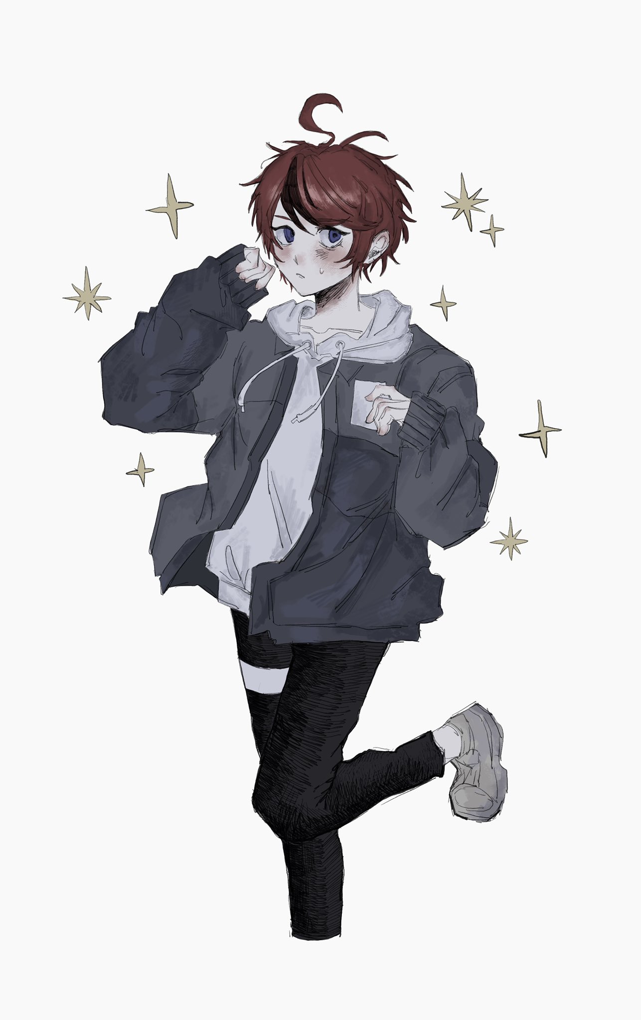 sumino takumi, the hundred line -last defense academy-, commentary request, highres, 1boy, ahoge, black hair, black pants, blue eyes, blush, closed mouth, cropped legs, drawstring, grey jacket, hands up, hood, hood down, hoodie, jacket, jacket over hoodie, leg up, long sleeves, male focus, multicolored hair, oonuma, open clothes, open jacket, pants, red hair, shoes, short hair, simple background, sleeves past wrists, sneakers, solo, sparkle, streaked hair, sweat, thigh strap, two-tone hair, white background, white hoodie, white shoes