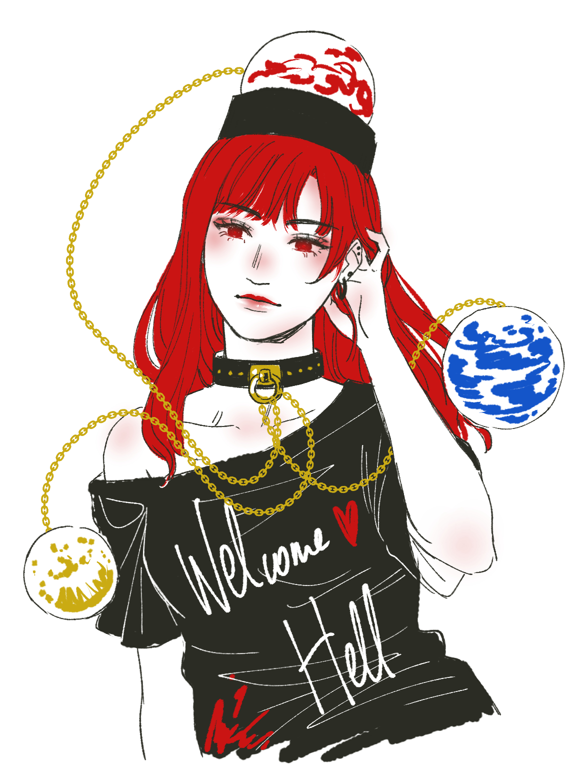 oso limon, hecatia lapislazuli, touhou, highres, 1girl, black choker, black hat, black shirt, chain, choker, clothes writing, collarbone, ear piercing, earrings, hair ornament, hand in own hair, hat, jewelry, lips, long hair, pendant choker, piercing, planet, planet hair ornament, realistic, red eyes, red hair, red lips, shirt, short sleeves, single off shoulder, sketch, solo, upper body