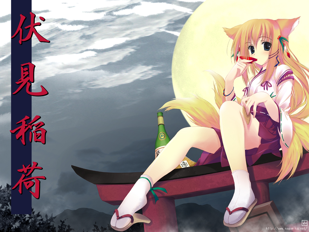 alcohol, animal ears, blush, cloud, fox ears, japanese clothes, long hair, miko, moon, sake, tail, torii