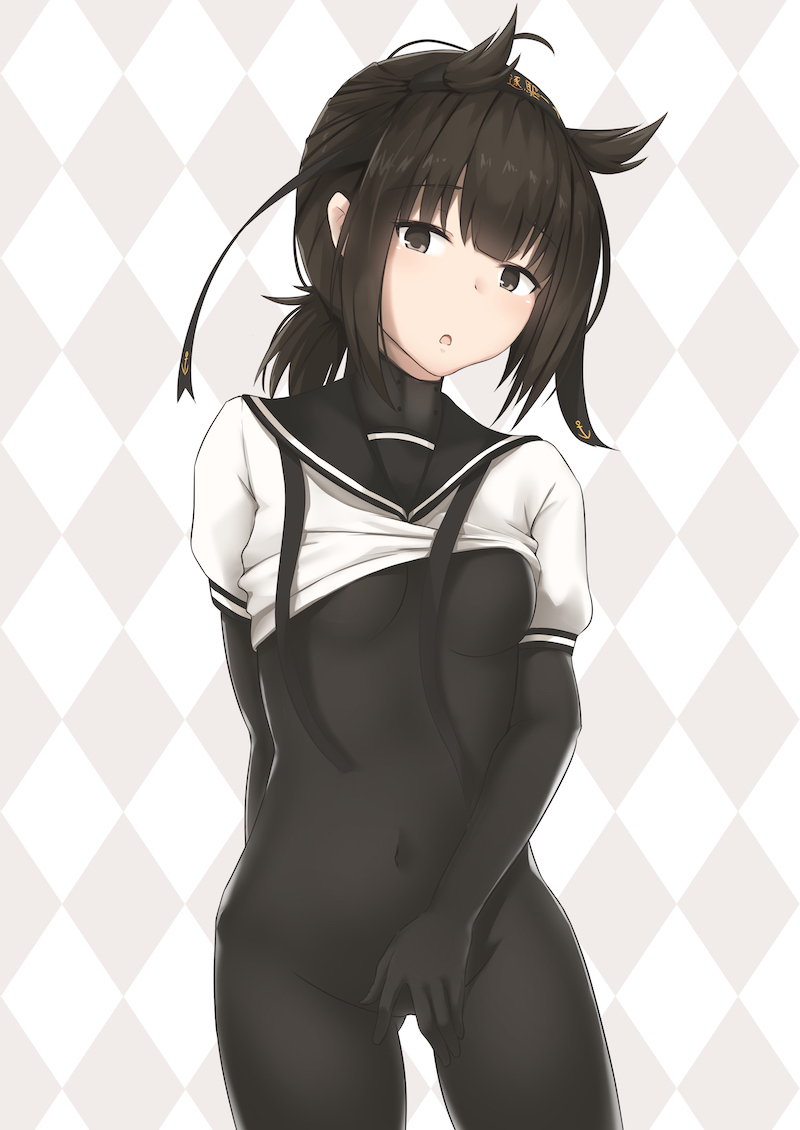 driftkingtw, hatsuzuki (kancolle), kantai collection, commentary request, 1girl, black bodysuit, black eyes, black hair, black hairband, black ribbon, black sailor collar, blunt bangs, blush, bodysuit, breasts, covered navel, cowboy shot, gluteal fold, hair flaps, hairband, jacket, looking at viewer, low ponytail, medium breasts, medium hair, neck ribbon, open mouth, ponytail, print hairband, ribbon, sailor collar, shirt, short-sleeved jacket, short sleeves, sidelocks, solo, standing, white shirt