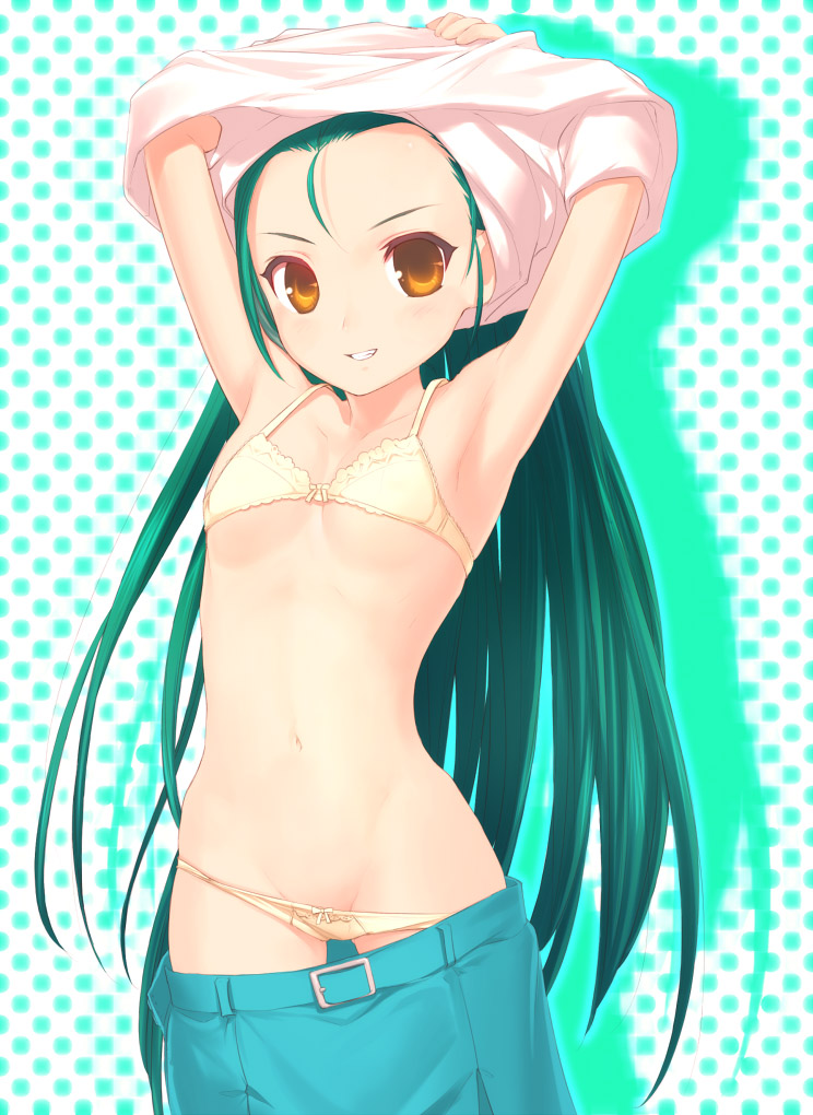 uni (plastic girl), tsuruya, suzumiya haruhi no yuuutsu, 00s, 1girl, armpits, arms up, blush, bra, breasts, female focus, green hair, lingerie, long hair, panties, panty pull, school uniform, serafuku, skirt, small breasts, solo, underwear, undressing, very long hair