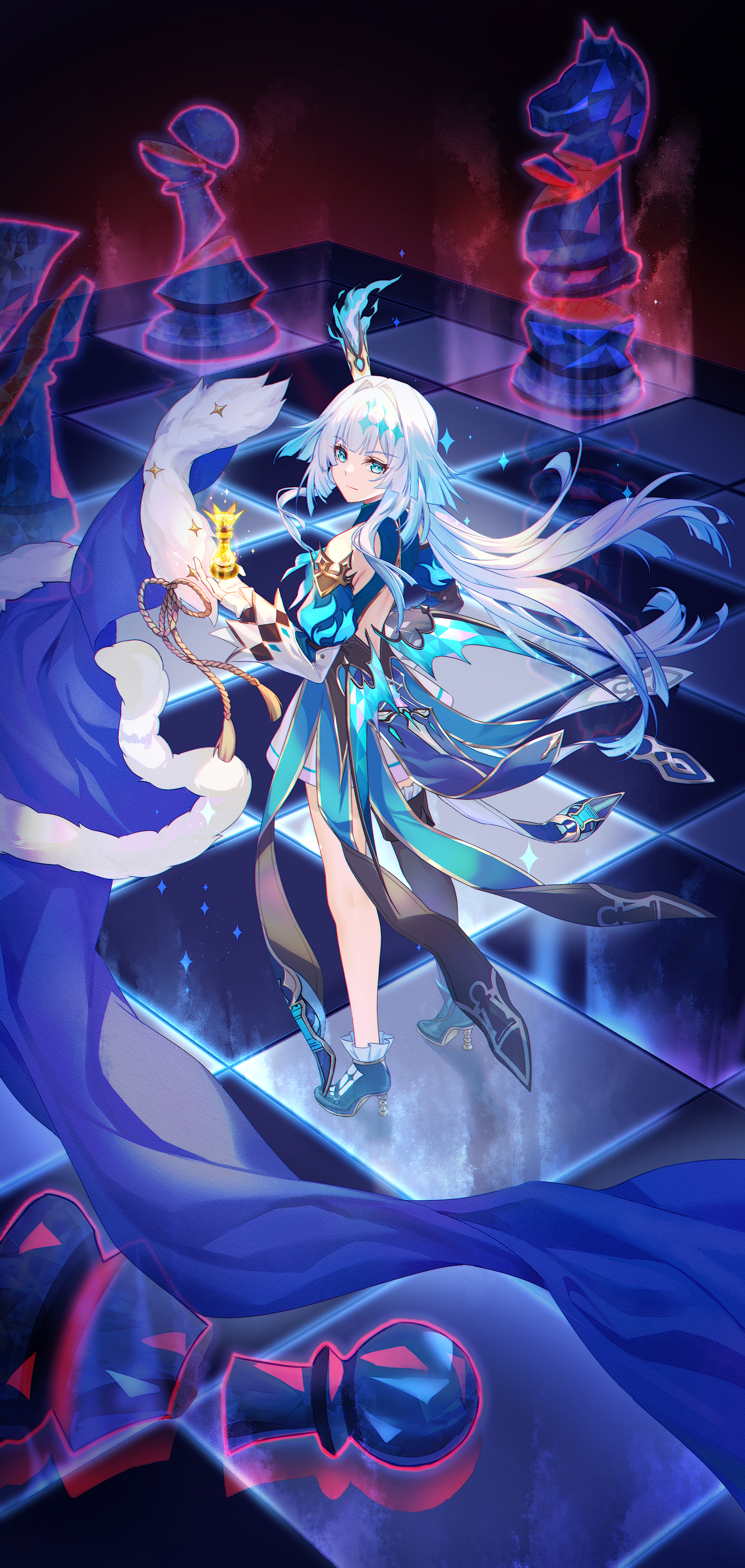 5plus, cerydra (honkai: star rail), honkai: star rail, honkai (series), absurdres, commentary, highres, 1girl, black thighhighs, blue cape, blue dress, blue eyes, blue hair, cape, chess piece, chessboard, crown, detached sleeves, dress, fur-trimmed cape, fur trim, high heels, holding, holding chess piece, knight (chess), long hair, queen (chess), single thighhigh, solo, thighhighs, very long hair, wings