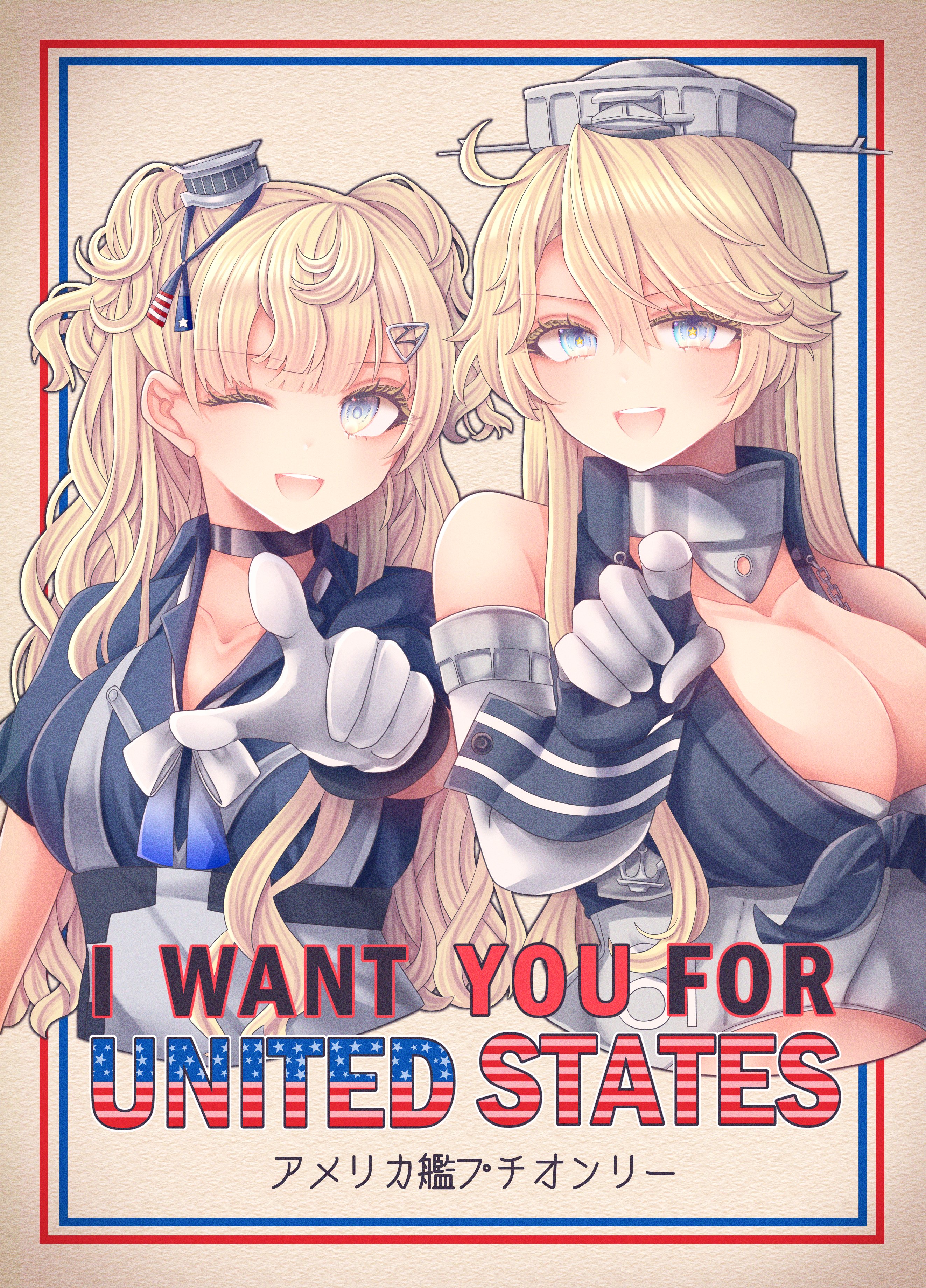 nagi kantai114, iowa (kancolle), minneapolis (kancolle), i want you, kantai collection, absurdres, highres, second-party source, 2girls, american flag, american flag print, black choker, blonde hair, blue eyes, breasts, choker, cropped torso, english text, eyelashes, flag print, front-tie top, gloves, hair between eyes, hair ornament, hairclip, headgear, large breasts, long hair, looking at viewer, medium breasts, multiple girls, one eye closed, open mouth, pointing, pointing at viewer, poster parody, shirt, short sleeves, simple background, star-shaped pupils, star (symbol), symbol-shaped pupils, two side up, upper body, white gloves