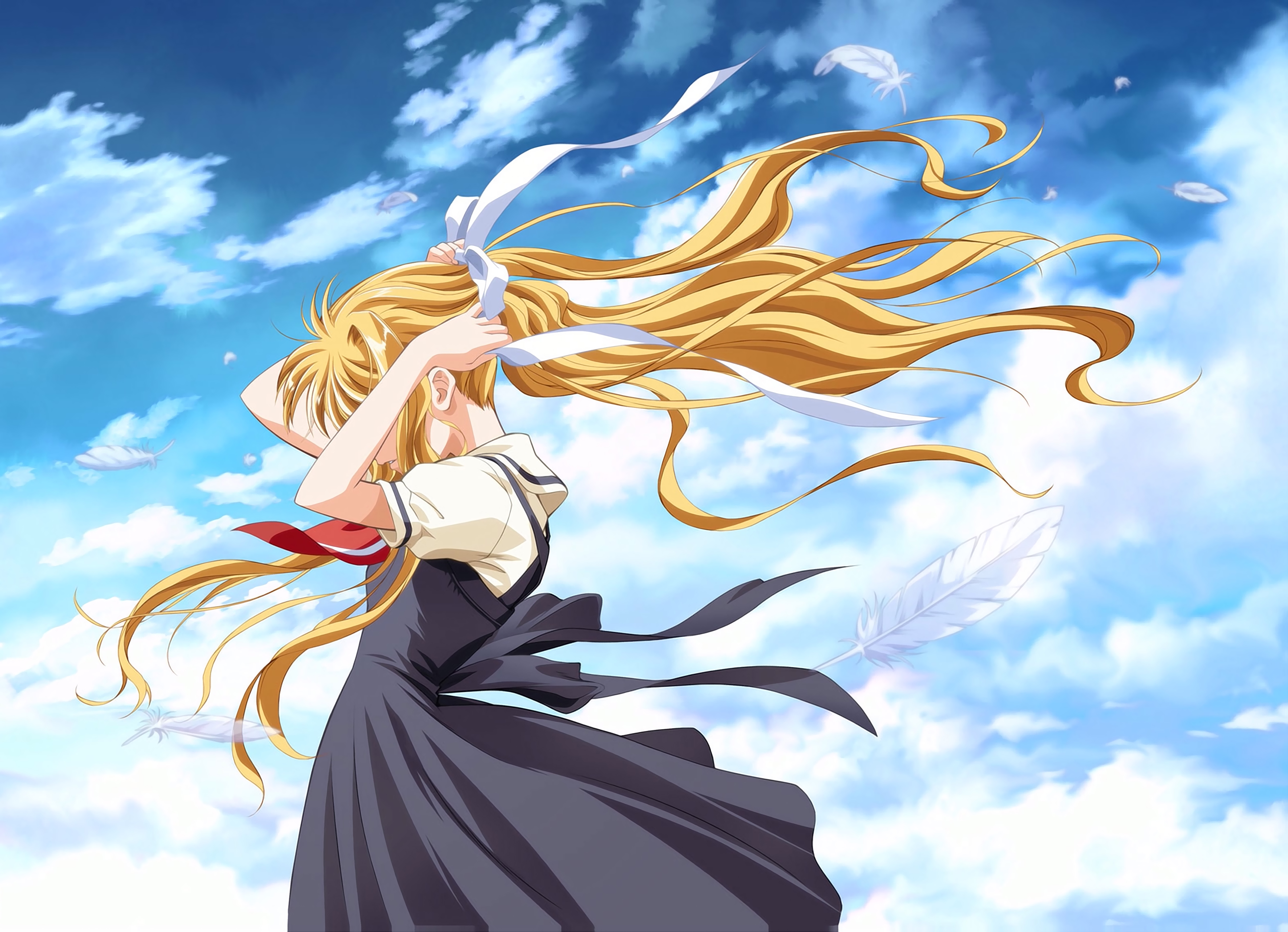 kobayashi akemi, kamio misuzu, air (visual novel), absurdres, highres, 00s, 1girl, blonde hair, cloud, covered eyes, day, dress, feathers, female focus, from side, long hair, motion blur, pinafore dress, ribbon, sleeveless, sleeveless dress, solo, standing, very long hair, wind