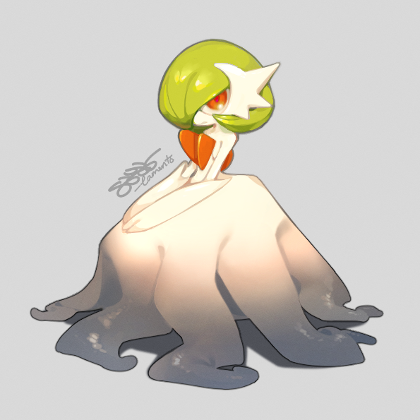gardevoir, mega gardevoir, nintendo, pokemon, artist name, bob cut, dress, elbow gloves, gen 3 pokemon, gloves, green hair, grey background, hair over one eye, looking at viewer, mega pokemon, pink eyes, pokemon (creature), sayalmts, signature, simple background, white dress, white gloves
