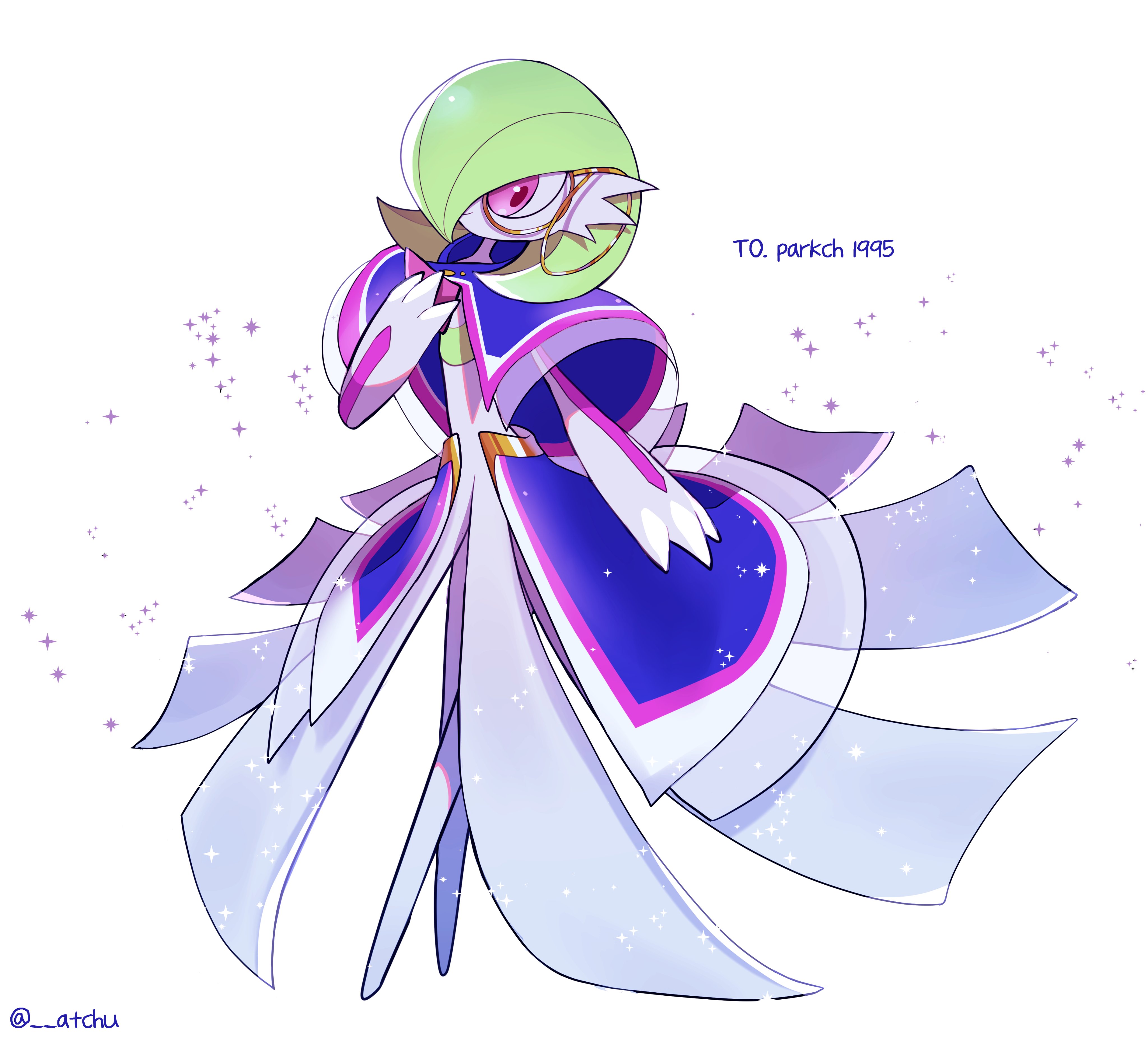 etchyu, gardevoir, gardevoir (sacred), nintendo, pokemon, pokemon unite, absurdres, highres, artist name, bob cut, capelet, dress, gen 3 pokemon, green hair, hair over one eye, monocle, pink eyes, pokemon (creature), purple capelet, sparkle, waist cape, white background, white dress