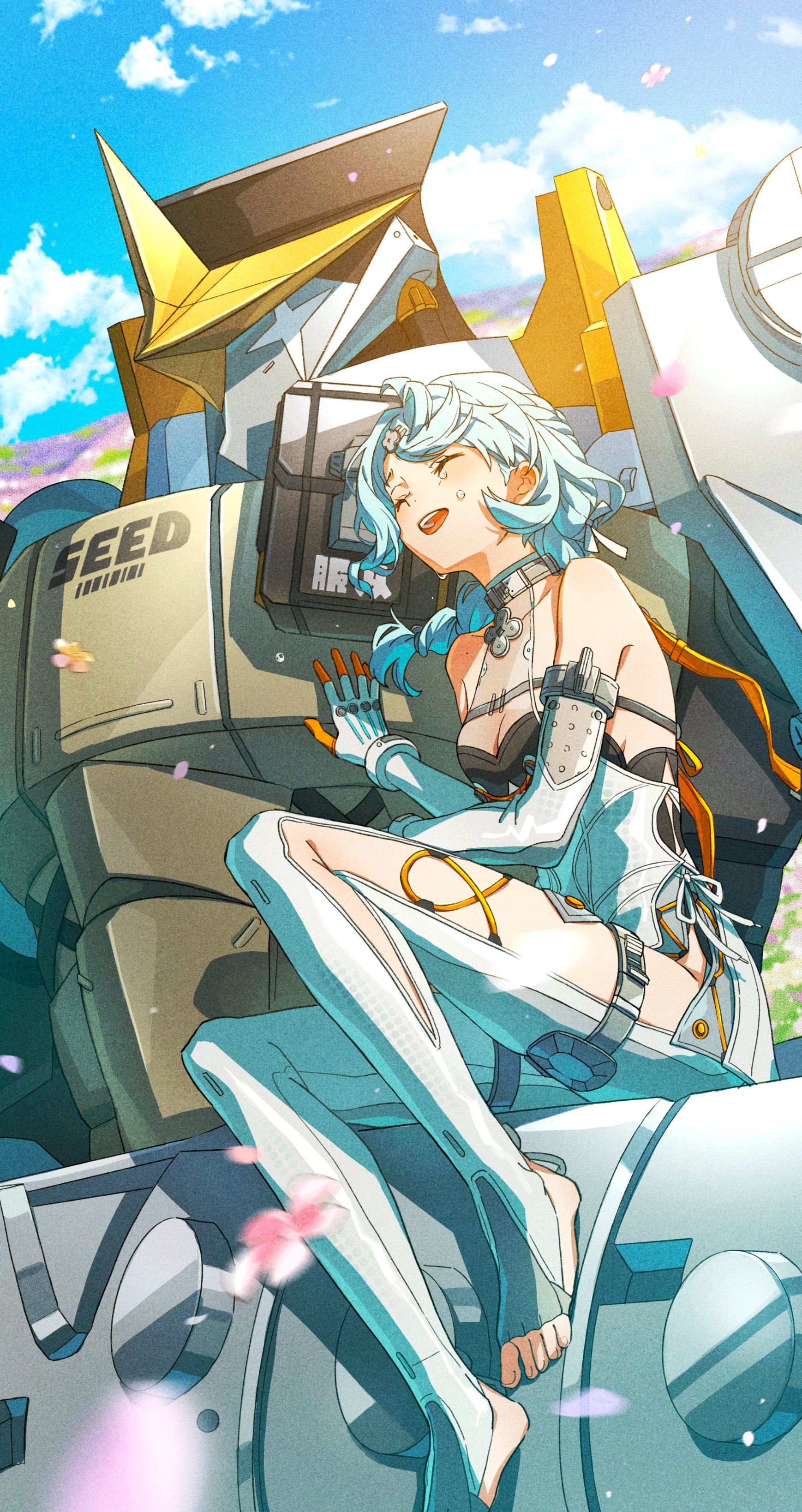 mele ck, seed (zenless zone zero), zenless zone zero, absurdres, highres, second-party source, 1girl, aqua hair, bare shoulders, blue sky, breasts, cleavage, closed eyes, cloud, cloudy sky, crying, elbow gloves, gloves, long hair, no shoes, open mouth, robot, seed sr., sky, smile, toes, white gloves