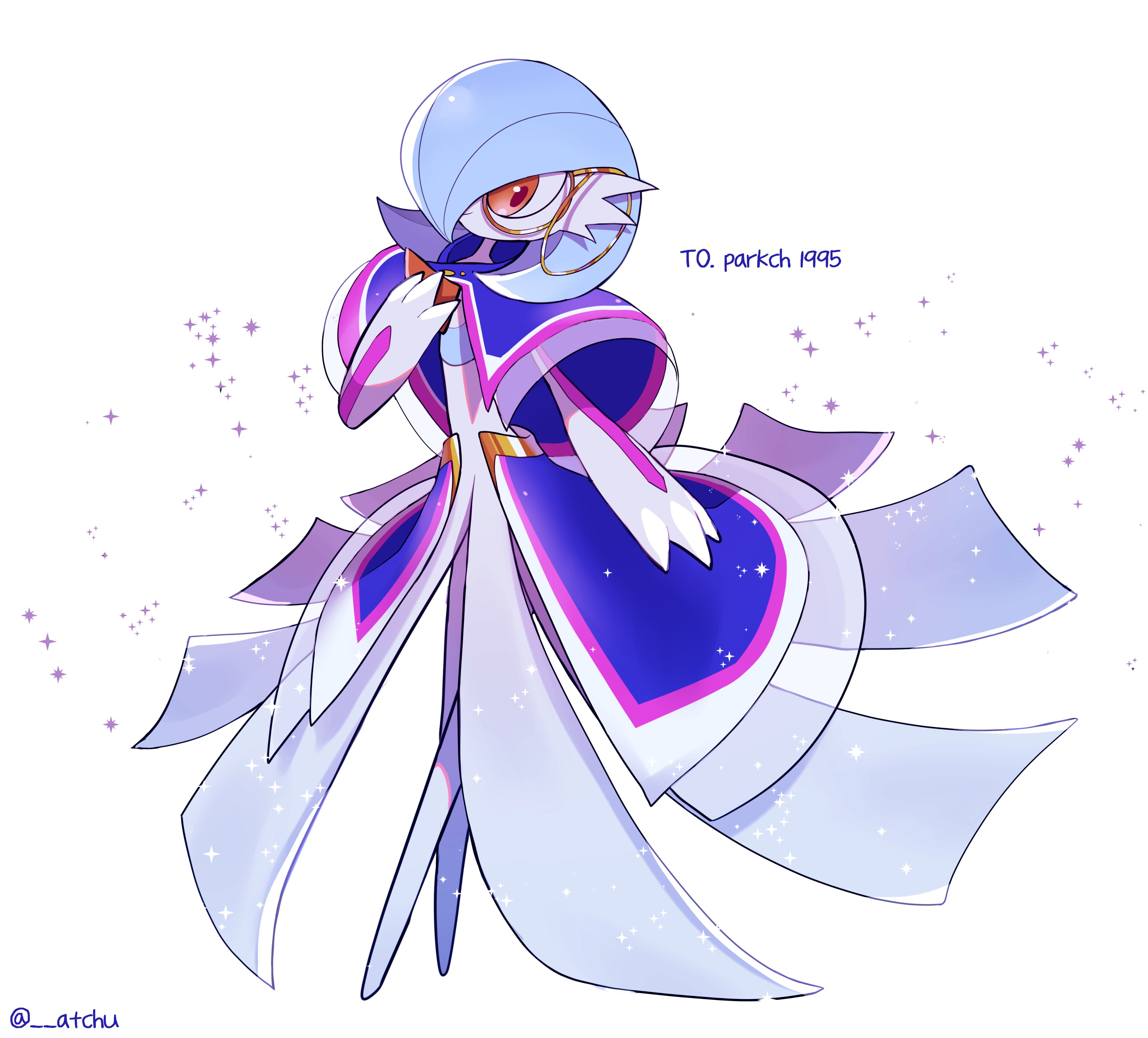 etchyu, gardevoir, gardevoir (sacred), nintendo, pokemon, pokemon unite, absurdres, highres, alternate color, artist name, blue hair, bob cut, capelet, dress, gen 3 pokemon, hair over one eye, monocle, orange eyes, pokemon (creature), purple capelet, shiny pokemon, sparkle, waist cape, white background, white dress