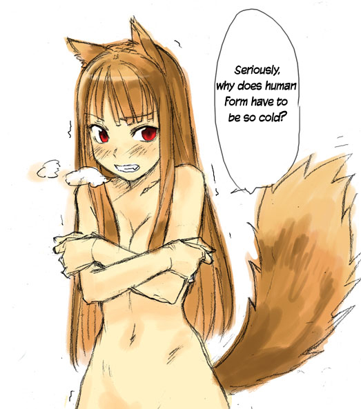 holo, spice and wolf, 00s, animal ears, breasts, brown hair, cold, long hair, nude, red eyes, small breasts, tail, trembling, wolf ears