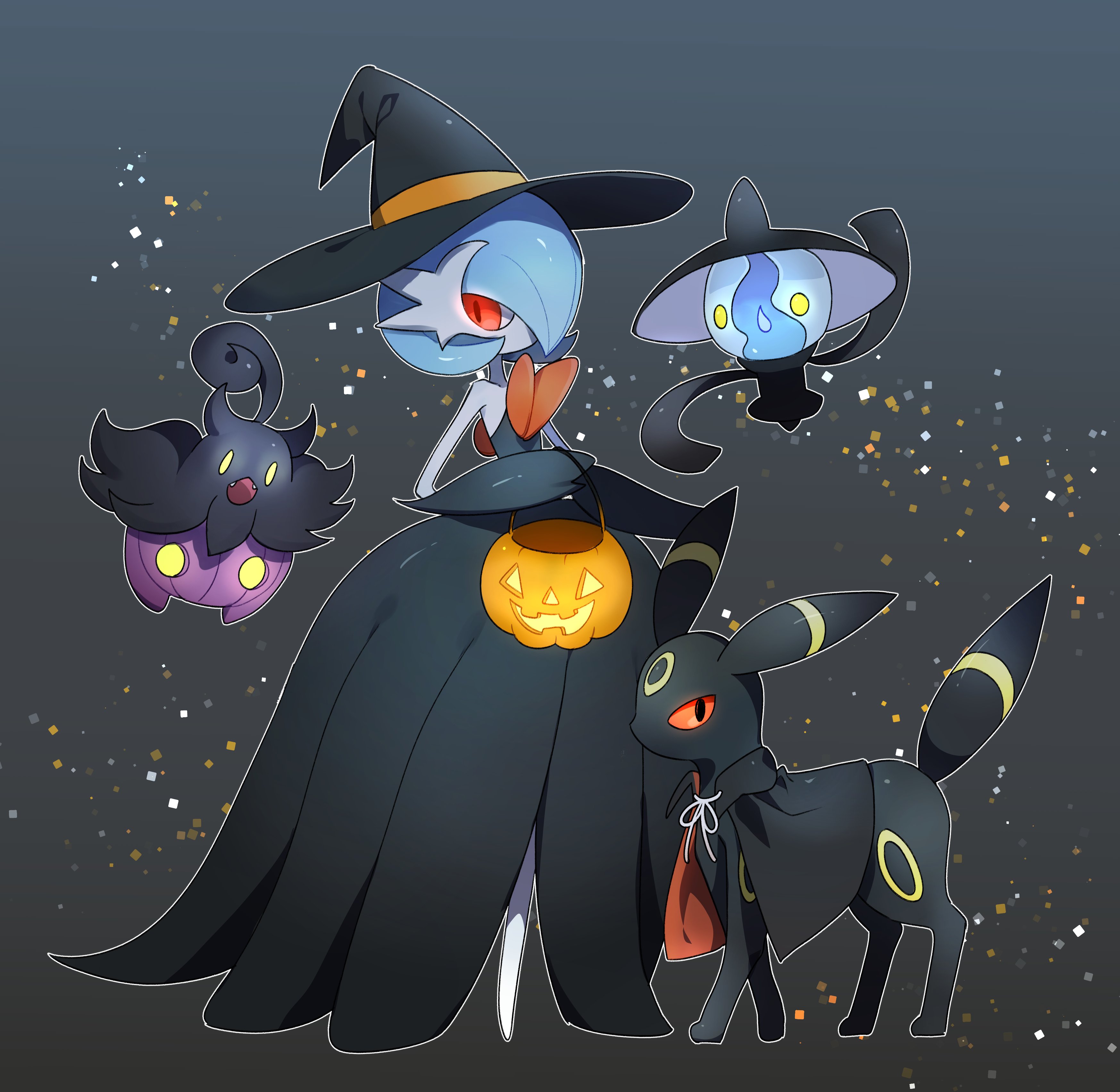 etchyu, gardevoir, lampent, mega gardevoir, pumpkaboo, umbreon, nintendo, pokemon, absurdres, highres, alternate color, black cape, black dress, black fur, black gloves, blue hair, bob cut, cape, colored skin, dress, elbow gloves, gen 2 pokemon, gen 3 pokemon, gen 5 pokemon, gen 6 pokemon, ghost, gloves, gradient background, hair over one eye, halloween bucket, hat, mega pokemon, pokemon (creature), red eyes, shiny pokemon, strapless, strapless dress, white skin, witch hat, yellow eyes