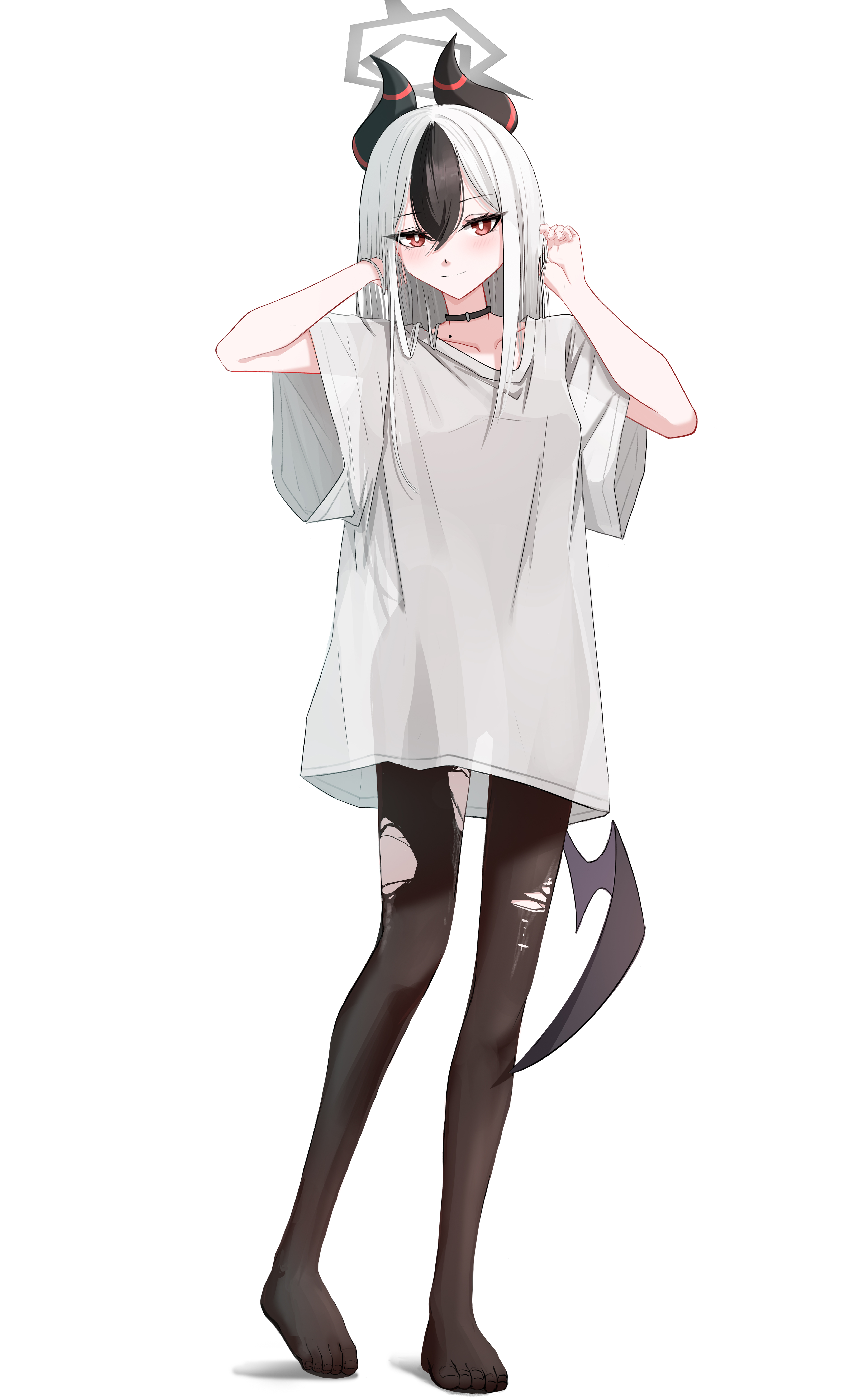 hit by hit, kayoko (blue archive), blue archive, absurdres, commentary, highres, 1girl, black choker, black hair, black pantyhose, blush, bright pupils, choker, collarbone, demon horns, demon wings, full body, halo, horns, light smile, looking at viewer, low wings, mole, mole on collarbone, multicolored hair, no pants, oversized clothes, oversized shirt, pantyhose, red eyes, see-through silhouette, shirt, short sleeves, simple background, single wing, solo, t-shirt, torn clothes, torn pantyhose, two-tone hair, white background, white hair, white pupils, white shirt, wide sleeves, wings
