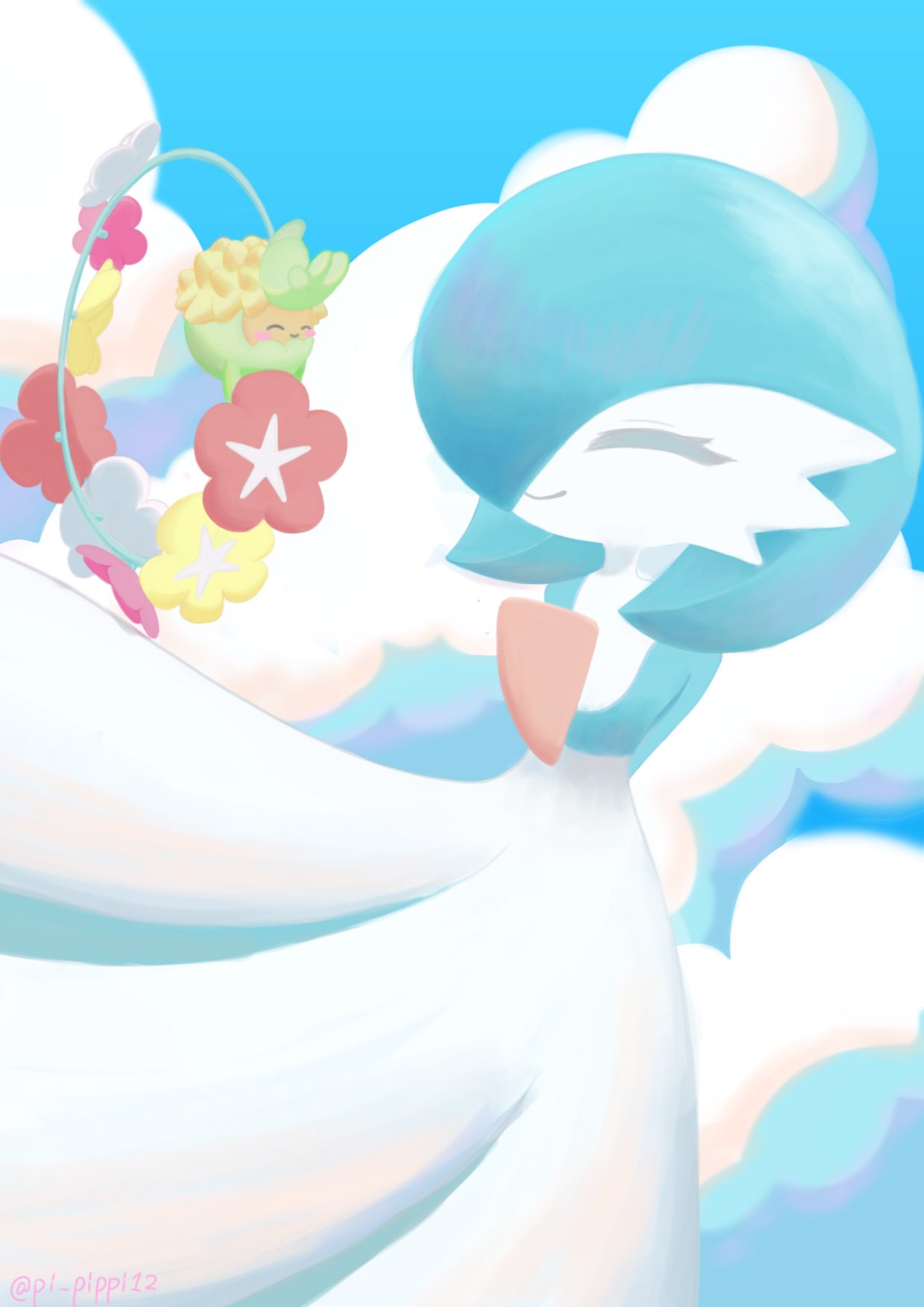 comfey, gardevoir, nintendo, pokemon, highres, alternate color, artist name, blue hair, blue skin, blue sky, bob cut, closed eyes, cloud, colored skin, dress, flower, gen 3 pokemon, gen 7 pokemon, multicolored skin, pi ppi12, pokemon (creature), shiny pokemon, sky, smile, two-tone skin, white dress, white skin