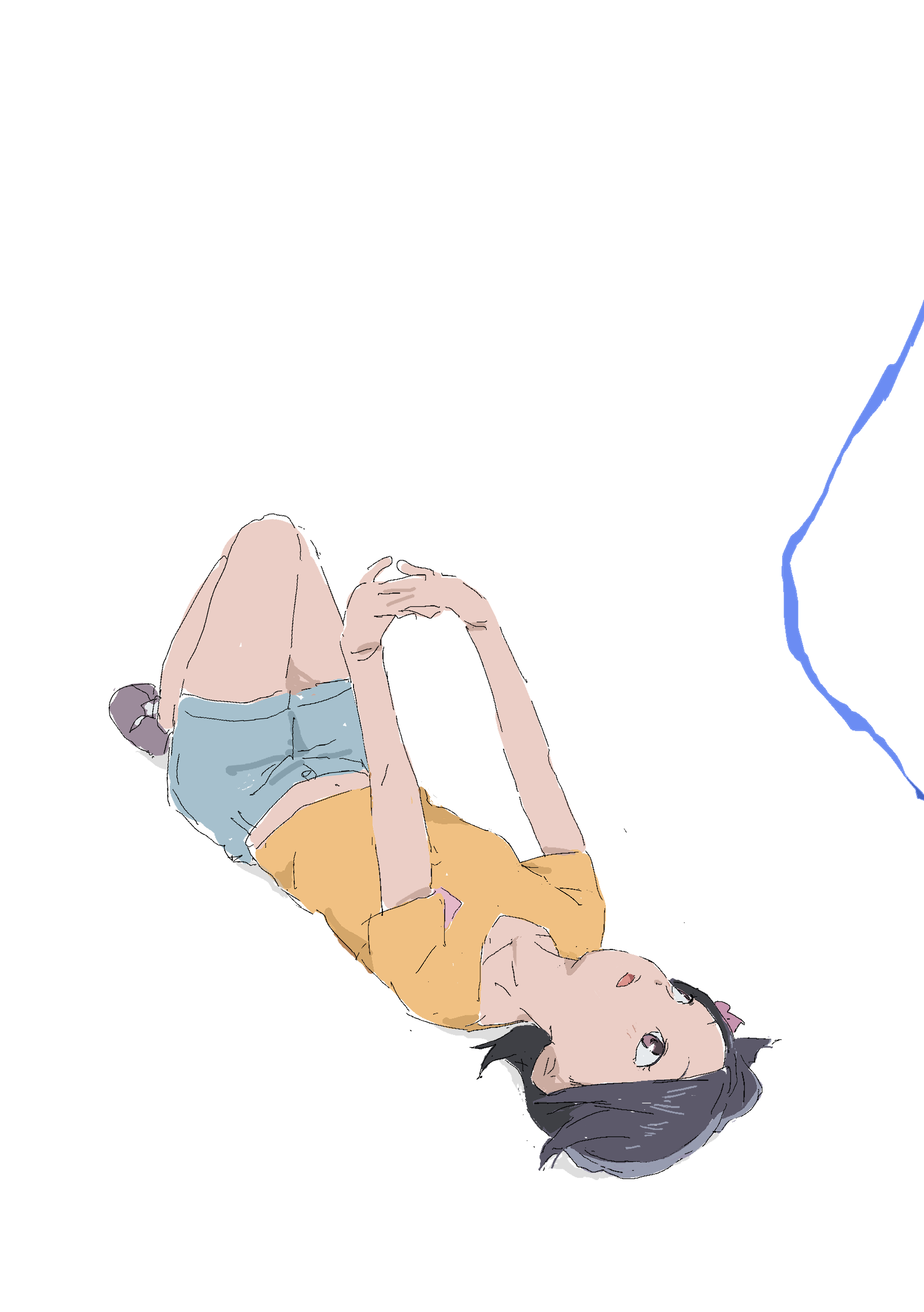 mmmkawaine, kaminogi haruka, noein, absurdres, highres, 1girl, brown eyes, collarbone, denim, denim shorts, flower ornament, hair ornament, knees up, lying, medium hair, navel, on back, shirt, shoes, shorts, simple background, solo, stretching, white background, yellow shirt