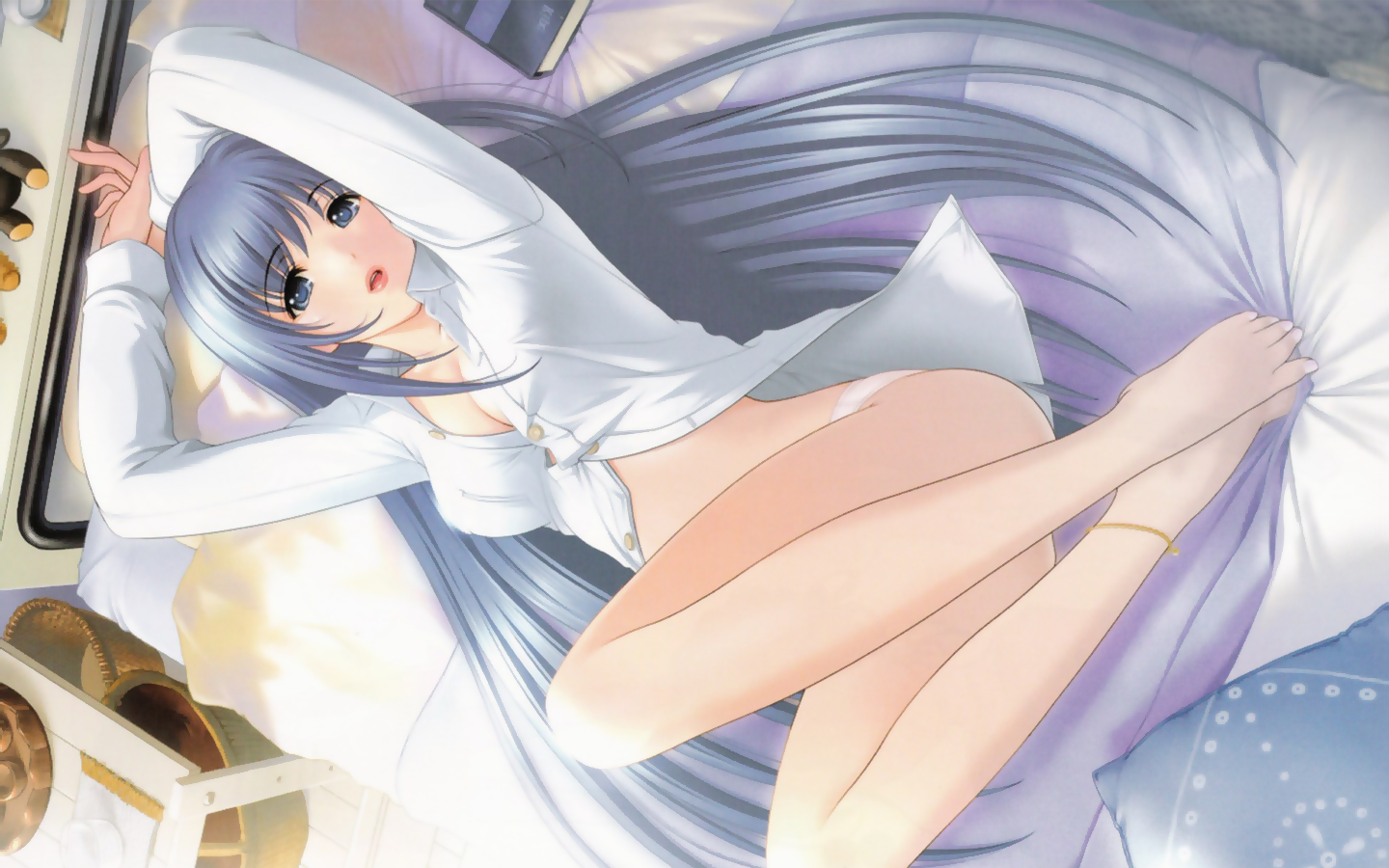 tagme, blush, long hair, open clothes, open shirt, panties, shirt, underwear