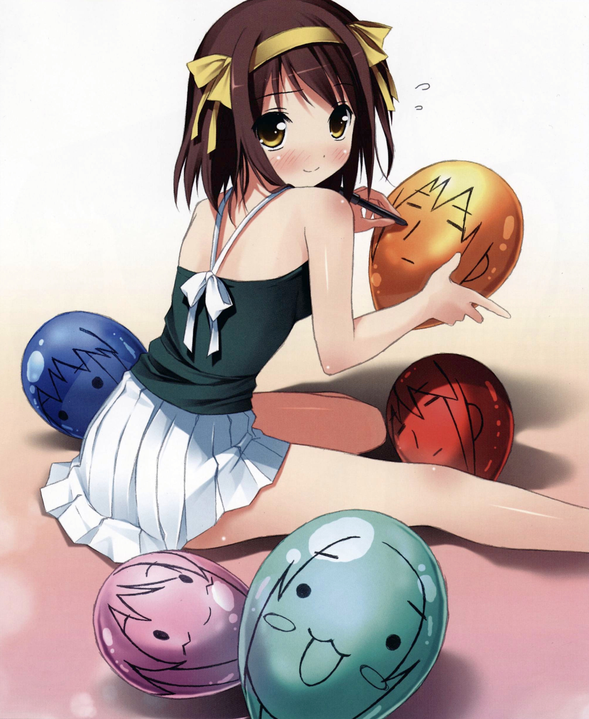 kantoku, suzumiya haruhi, suzumiya haruhi no yuuutsu, drawing, absurdres, highres, scan, 00s, balloon, blush, short hair, skirt