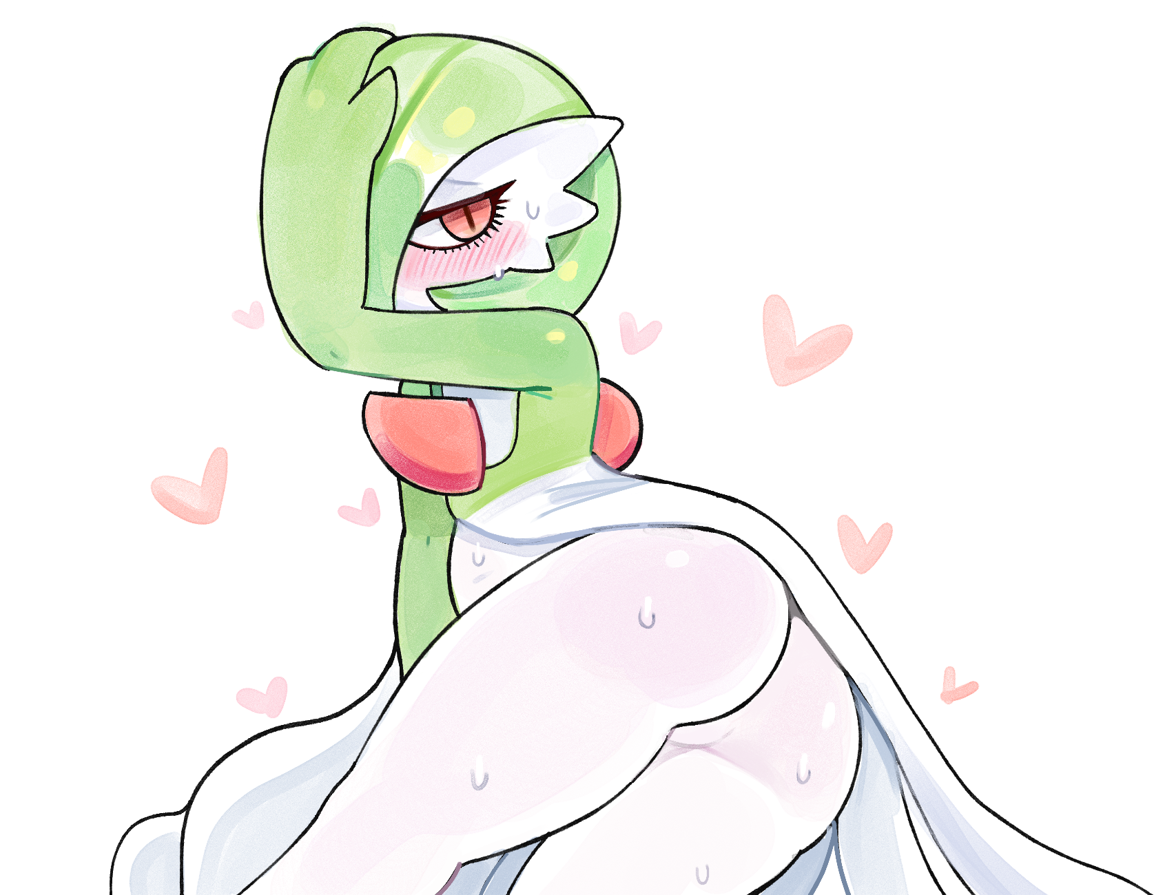 drawfag, gardevoir, nintendo, pokemon, archived source, highres, 1girl, ass, blush, bob cut, dress, gen 3 pokemon, green hair, hair over one eye, heart, looking at viewer, pink eyes, pokemon (creature), simple background, sweat, white background, white dress