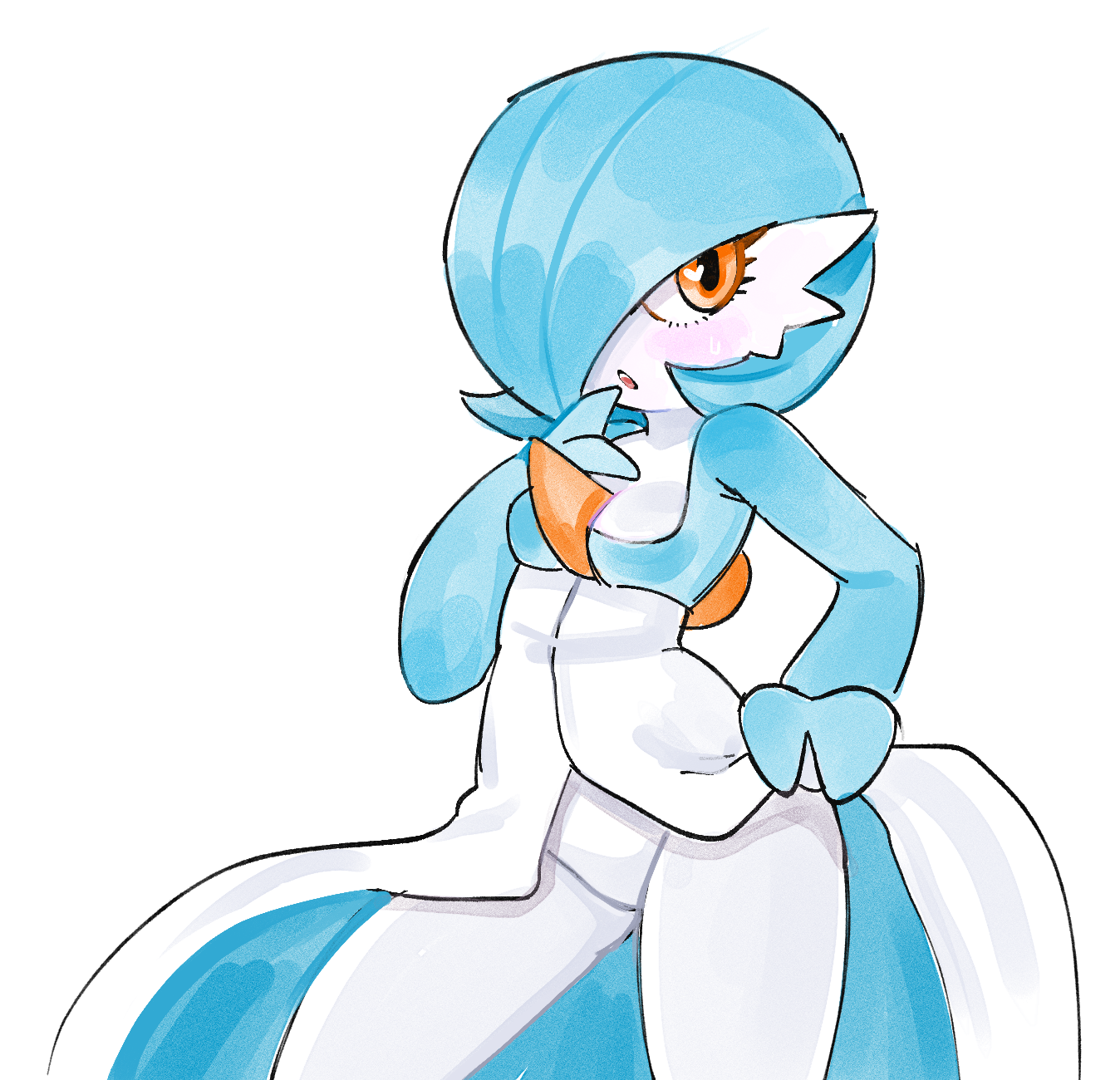 drawfag, gardevoir, nintendo, pokemon, archived source, highres, 1girl, alternate color, blue hair, blue skin, blush, bob cut, clothes lift, colored skin, dress, gen 3 pokemon, hair over one eye, heart, heart in eye, looking at viewer, multicolored skin, orange eyes, pokemon (creature), shiny pokemon, skirt, skirt lift, symbol in eye, two-tone skin, white dress, white skin
