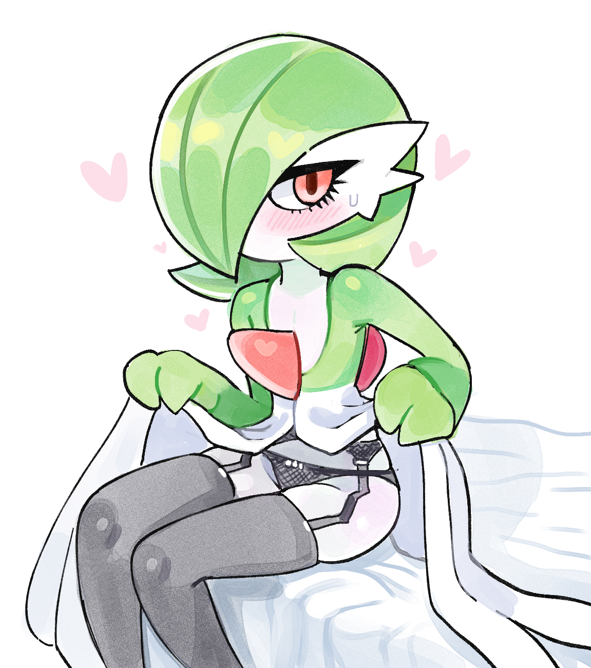 drawfag, gardevoir, nintendo, pokemon, archived source, highres, 1girl, black panties, black thighhighs, bob cut, colored skin, dress, garter belt, garter straps, gen 3 pokemon, green hair, green skin, heart, multicolored skin, panties, pink eyes, pokemon (creature), simple background, sitting, sweat, thighhighs, two-tone skin, underwear, white background, white dress, white skin