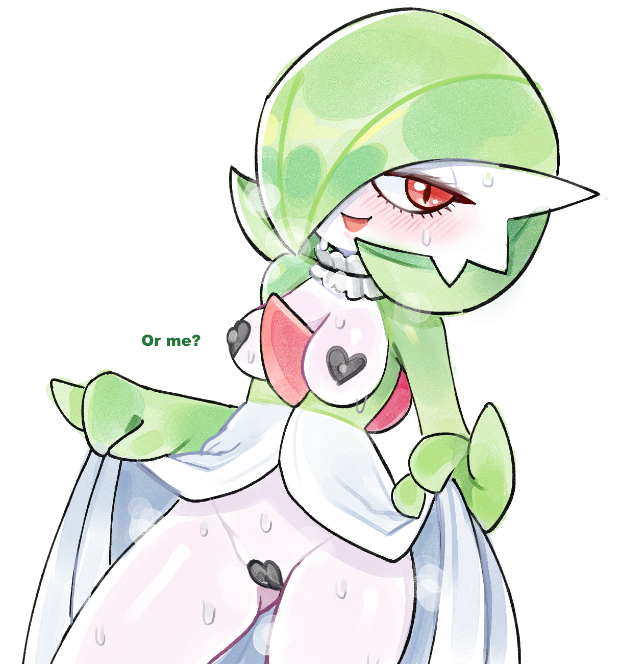 drawfag, gardevoir, nintendo, pokemon, covered pussy, archived source, highres, 1girl, blush, bob cut, clothes lift, colored skin, covered erect nipples, dress, dress lift, gen 3 pokemon, green hair, green skin, hair over one eye, heart pasties, looking at viewer, multicolored skin, pasties, pokemon (creature), smile, sweat, two-tone skin, white skin