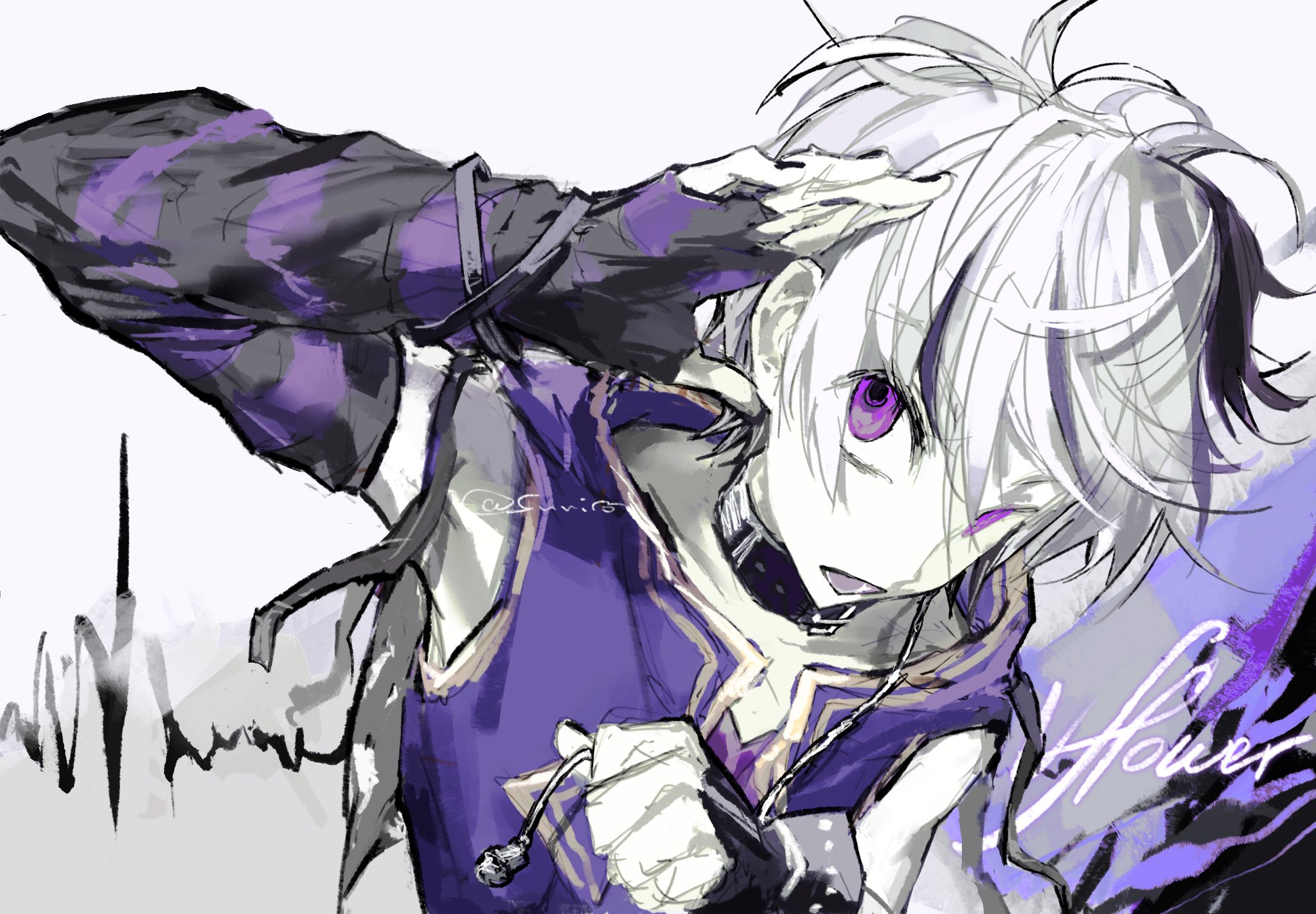 suri yyc, flower (vocaloid), flower (vocaloid4), vocaloid, highres, 1girl, arm up, arm warmers, bare shoulders, black arm warmers, black collar, black gloves, black hair, black nails, character name, collar, collared jacket, colored skin, fingerless gloves, from above, gloves, hand on own ear, hand up, holding, jacket, looking at viewer, looking up, lower teeth only, messy hair, multicolored hair, nail polish, open mouth, purple arm warmers, purple eyes, purple jacket, purple shirt, shirt, short hair, simple background, single arm warmer, single fingerless glove, single glove, sleeveless, sleeveless jacket, sleeveless shirt, solo, streaked hair, striped arm warmers, swept bangs, teeth, two-tone hair, upper body, white background, white hair, white skin