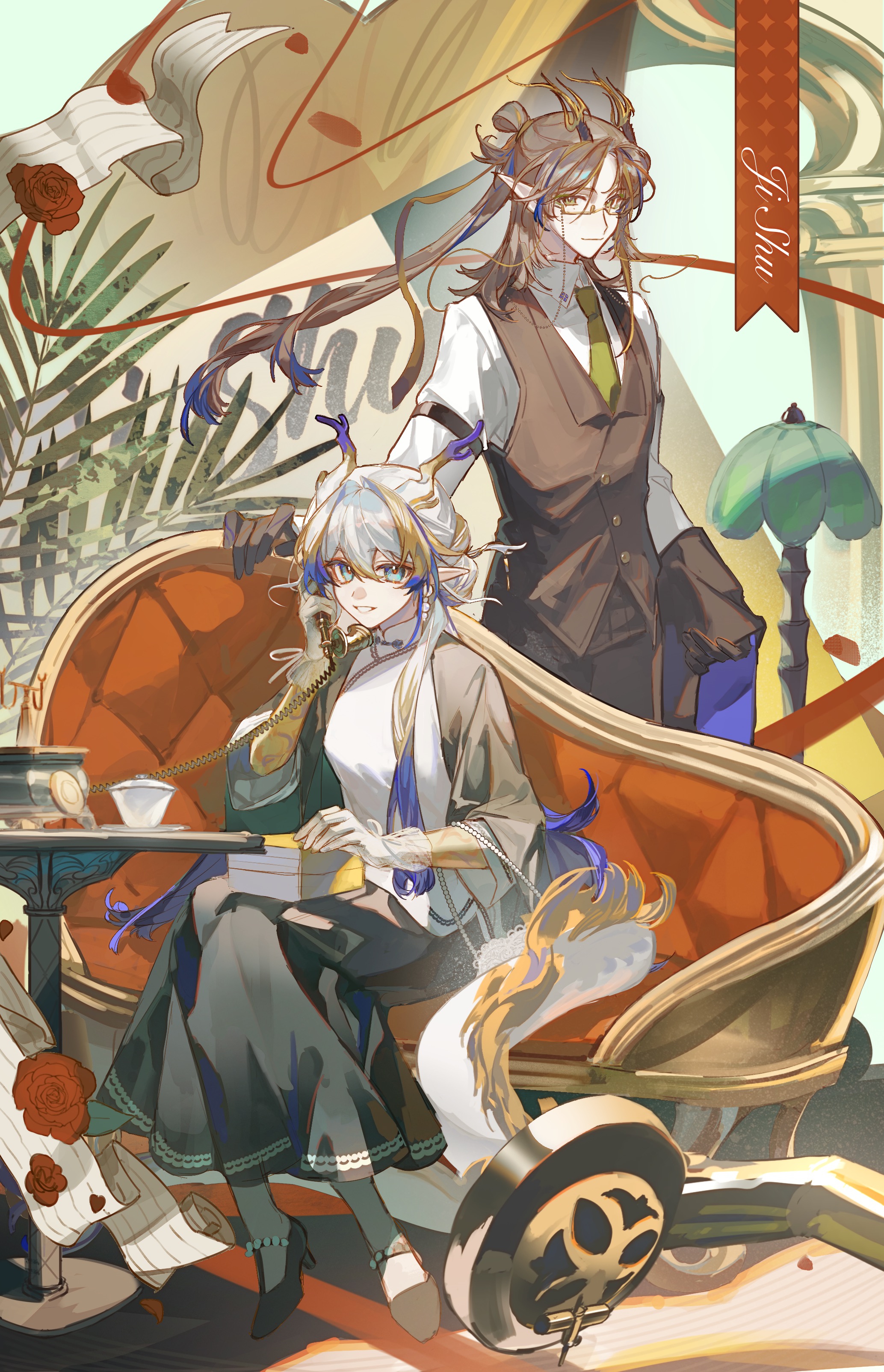 tongxi65938 (mo zuoren), ji (arknights), shu (arknights), arknights, absurdres, chinese commentary, commentary request, highres, 1boy, 1girl, :d, alternate costume, antique phone, aqua eyes, black skirt, blonde hair, blue hair, bracelet, brown hair, brown vest, buttons, character name, closed mouth, collared shirt, couch, dragon girl, dragon horns, dragon tail, flower, gloves, green necktie, grin, hair between eyes, holding, holding phone, horns, jewelry, lamp, light smile, long hair, looking at viewer, mole, mole under eye, multicolored hair, necktie, on couch, open mouth, pearl bracelet, phone, plant, pointy ears, red flower, red ribbon, red rose, ribbon, rose, saucer, semi-rimless eyewear, shirt, sitting, skirt, smile, standing, streaked hair, table, tail, under-rim eyewear, vest, waistcoat, white gloves, white hair, white shirt, yellow eyes