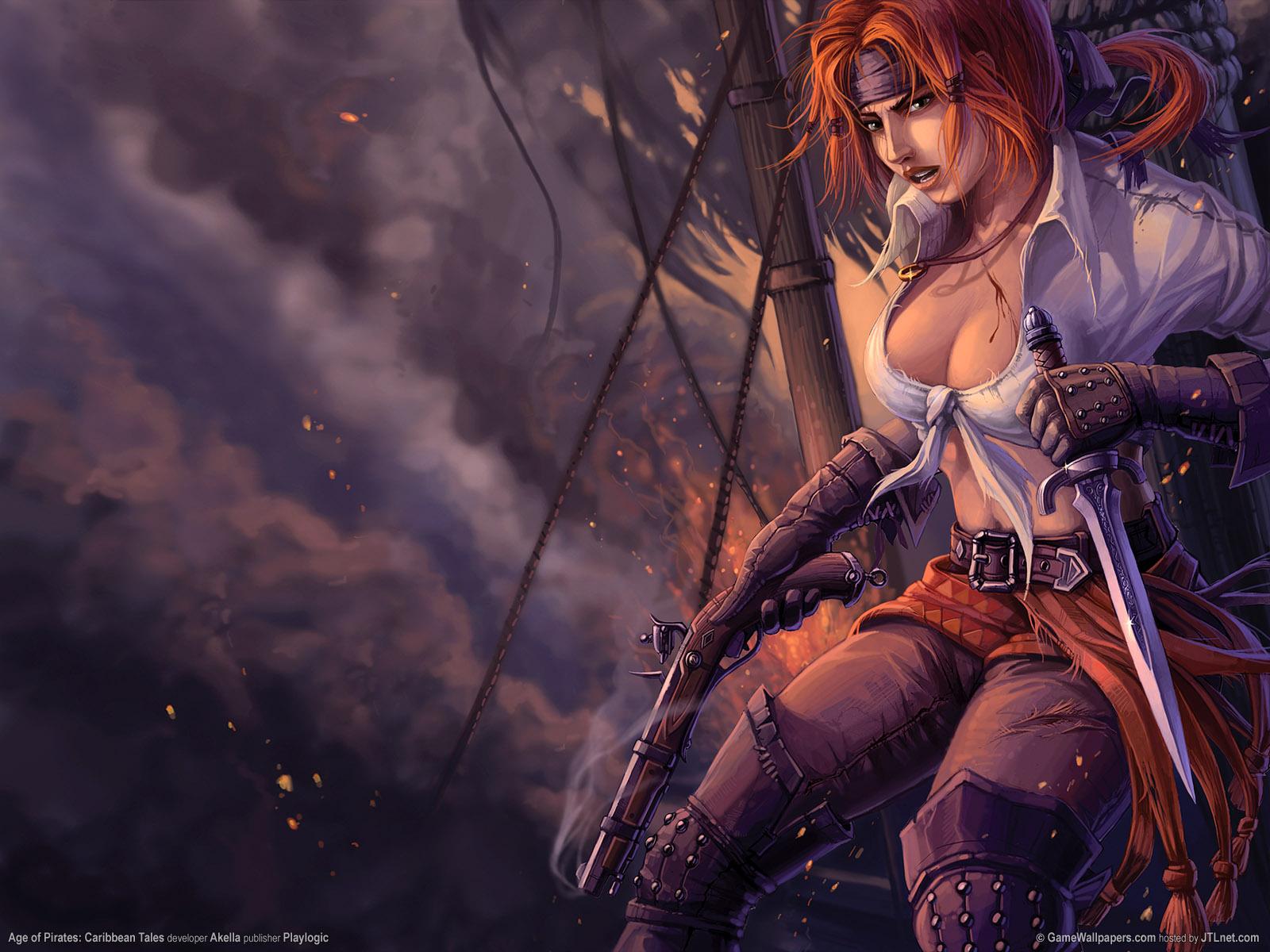 highres, blood, breasts, gun, long hair, midriff, pirate, sword, weapon