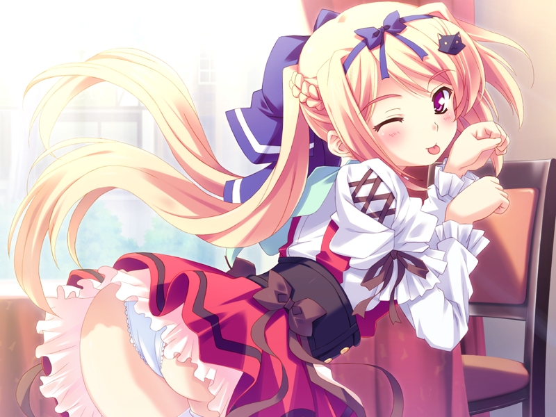 ass, blush, bow, long hair, panties, skirt, thighhighs, underwear