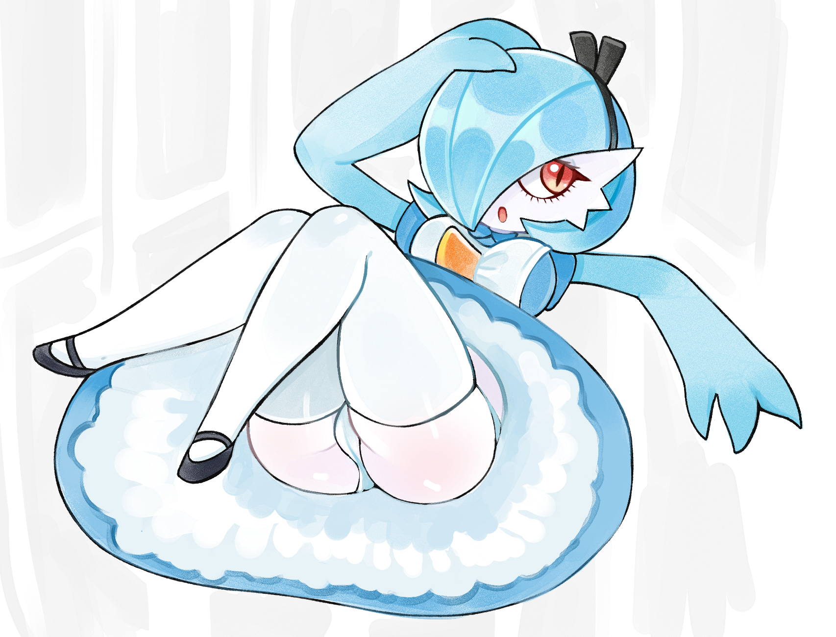 drawfag, gardevoir, nintendo, pokemon, archived source, highres, 1girl, alternate color, black shoes, blue dress, blue hair, blue skin, bob cut, cameltoe, colored skin, dress, gen 3 pokemon, multicolored skin, panties, pantyshot, pink eyes, pokemon (creature), shiny pokemon, shoes, thighhighs, two-tone skin, underwear, white panties, white skin, white thighhighs