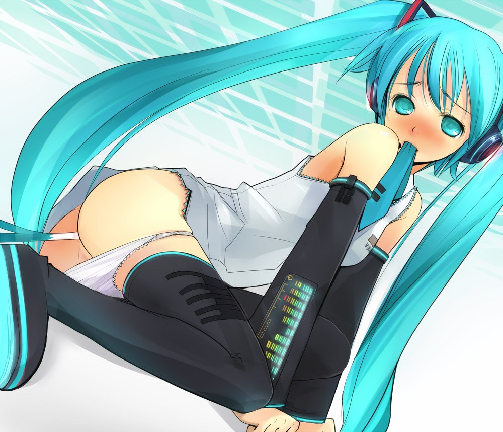 takashima, hatsune miku, vocaloid, vocaloid2, anal, aqua eyes, aqua hair, ass, blue eyes, blue hair, blush, boots, green eyes, headphones, long hair, mouth hold, necktie, negi suppository, object insertion, panties, panty pull, spring onion, thighhighs, twintails, underwear, very long hair