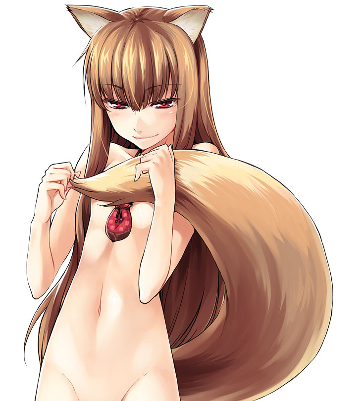 puyo (puyotopia), holo, spice and wolf, 00s, animal ears, blush, covering breasts, covering privates, eyelashes, flat chest, long hair, nude, out-of-frame censoring, red eyes, simple background, solo, tail, white background, wolf ears, wolf tail