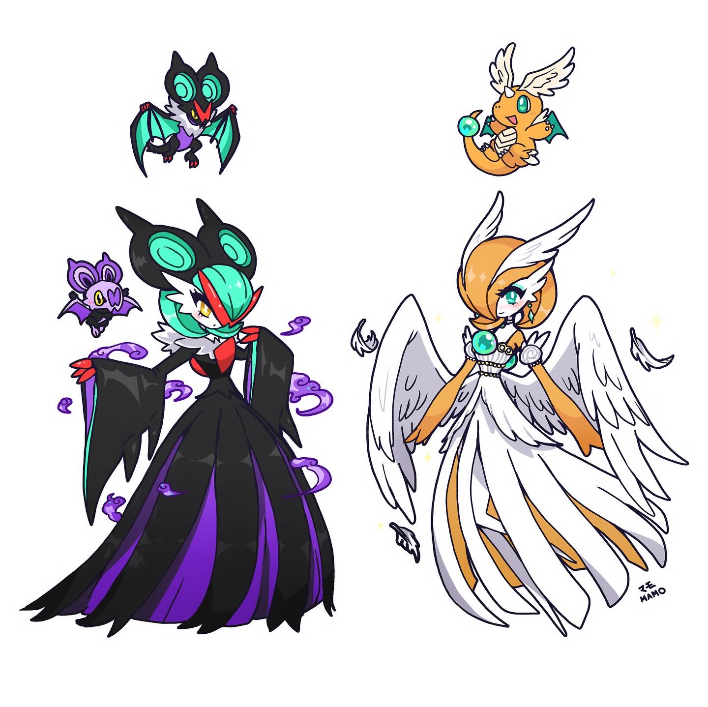 mamobot, dragonite, gardevoir, mega dragonite, noibat, noivern, nintendo, pokemon, highres, 2girls, black dress, bob cut, colored skin, dragon, dragon wings, dress, feathered wings, feathers, fusion, gen 1 pokemon, gen 3 pokemon, gen 6 pokemon, green eyes, hair over one eye, head wings, multiple girls, orange hair, orange skin, pokemon (creature), simple background, white background, white dress, wide sleeves, wings, yellow eyes