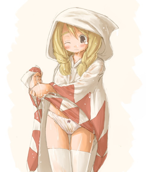 kasuga yukihito, white mage (fft), white mage (final fantasy), final fantasy, final fantasy tactics, white mage, 1girl, blonde hair, blush, clothes lift, dress, female focus, long hair, panties, shirt lift, simple background, solo, thighhighs, underwear, wet