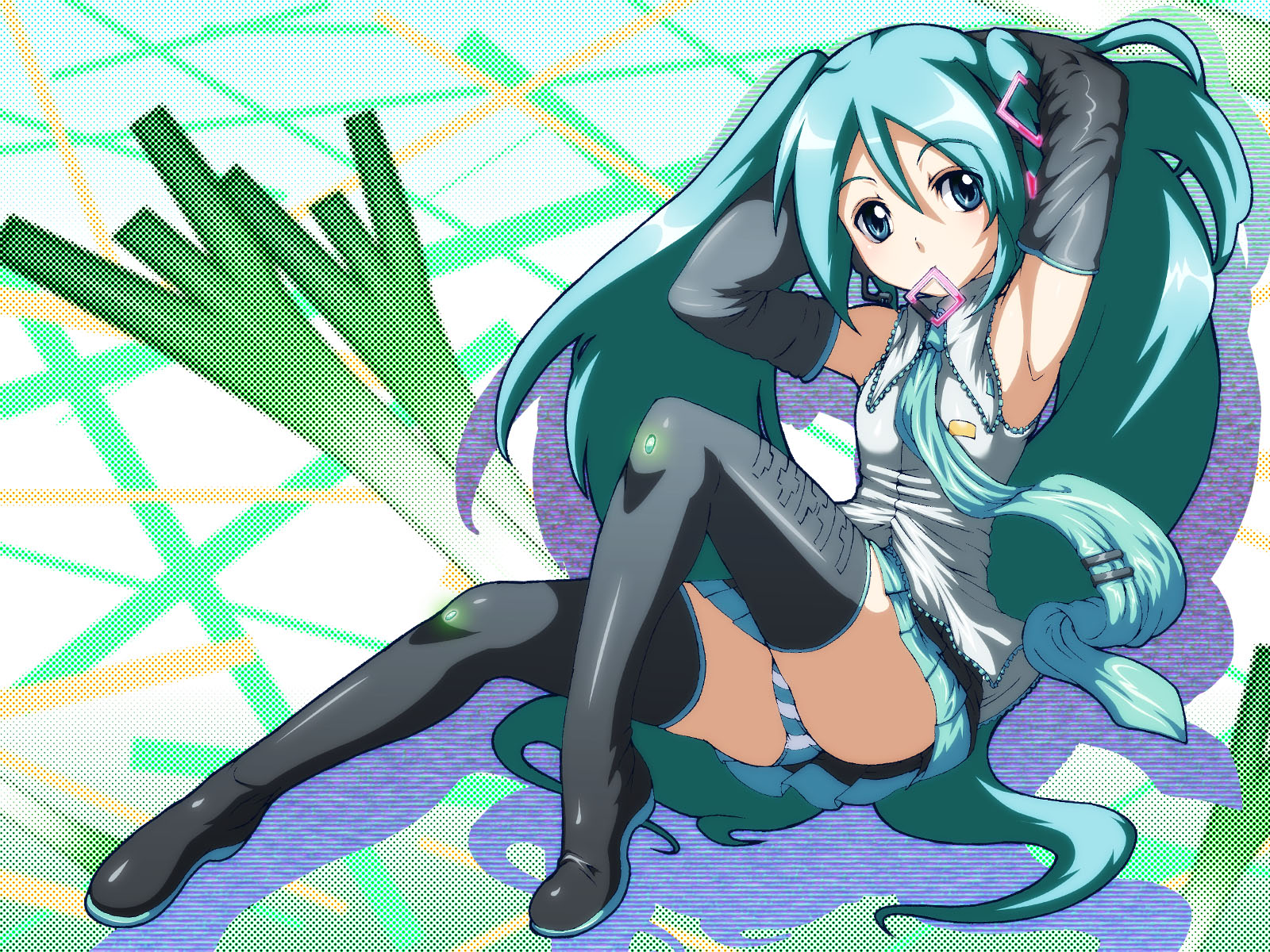 caryo, tabigarasu, hatsune miku, vocaloid, vocaloid2, highres, adjusting hair, armpits, flat chest, long hair, mouth hold, necktie, panties, skirt, striped clothes, striped panties, thighhighs, twintails, underwear, very long hair