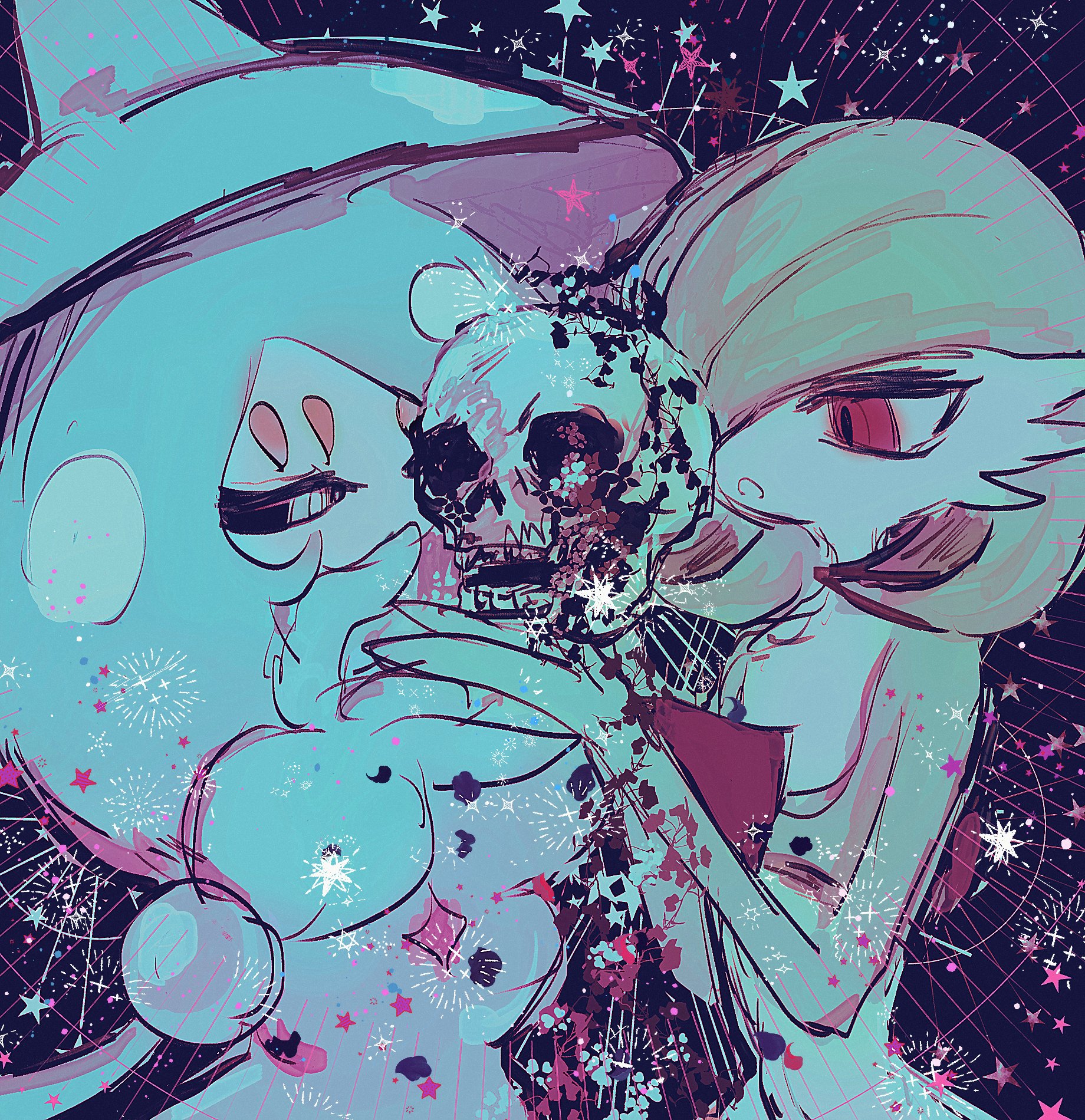 horimhkw11, gardevoir, hatterene, nintendo, pokemon, highres, black sclera, bob cut, colored sclera, colored skin, gen 3 pokemon, gen 8 pokemon, green hair, green skin, hair over one eye, hat, holding, holding skull, multicolored skin, pokemon (creature), prehensile hair, red eyes, skull, star (symbol), two-tone skin, white skin, witch hat