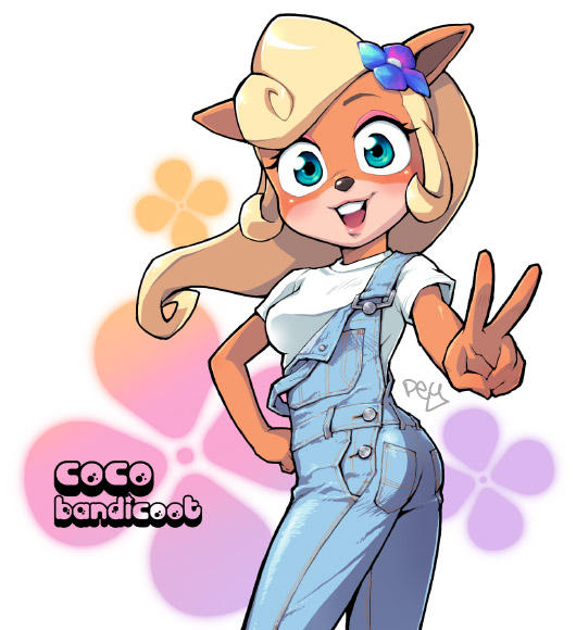 pey, coco bandicoot, crash bandicoot (series), tagme, 1girl, blush, furry, long hair, overalls, v
