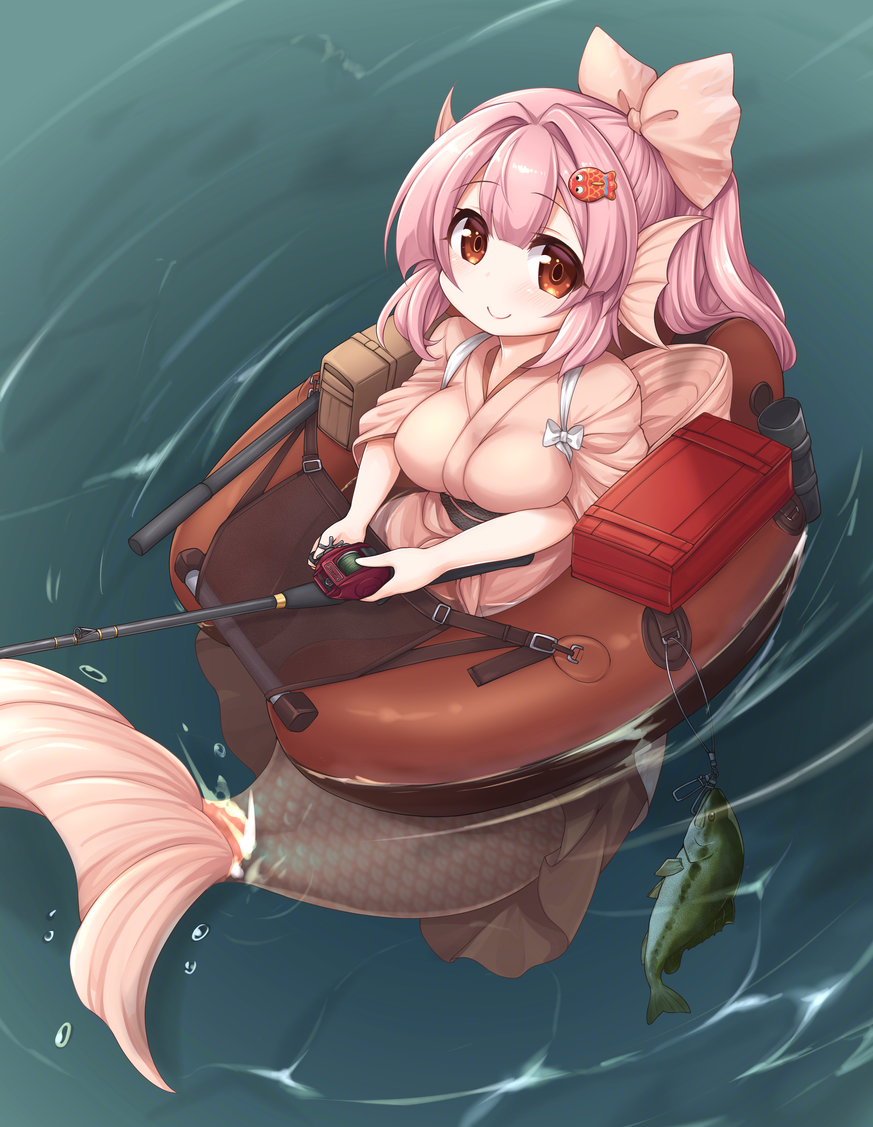 kinomiki nobori, original, absurdres, commentary request, highres, 1girl, afloat, bag, blunt bangs, bow, breasts, closed mouth, fins, fish, fish hair ornament, fishing, fishing rod, full body, hair between eyes, hair bow, hair ornament, head fins, holding, holding fishing rod, japanese clothes, kimono, kneeless mermaid, large breasts, long hair, looking at viewer, mermaid, monster girl, pink bow, pink kimono, red eyes, sidelocks, smile, solo, water