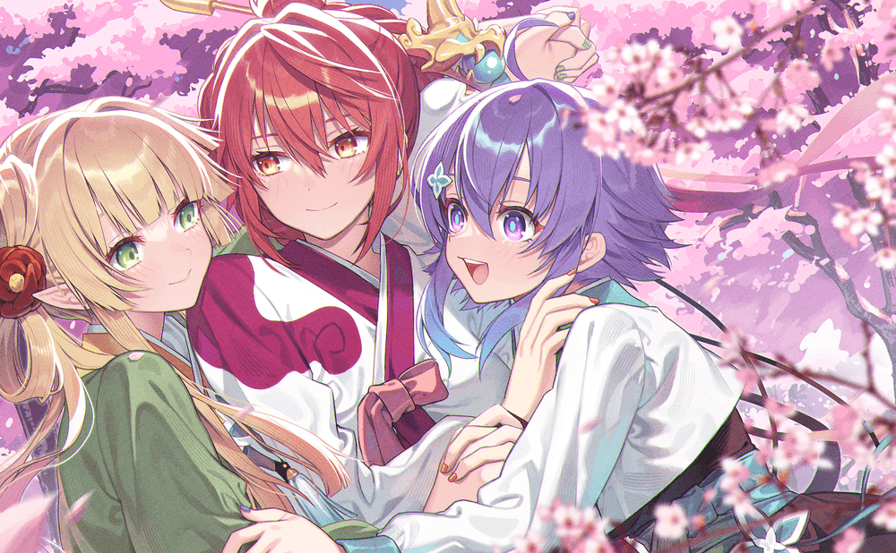 michael (8m71d), arme glenstid, elesis sieghart, lire (grand chase), grand chase, 3girls, blonde hair, blue eyes, blue hair, green eyes, hair ornament, hair stick, hand on another's arm, hand on another's hand, hand on another's shoulder, korean clothes, multiple girls, peach blossom, pointy ears, red eyes, red hair